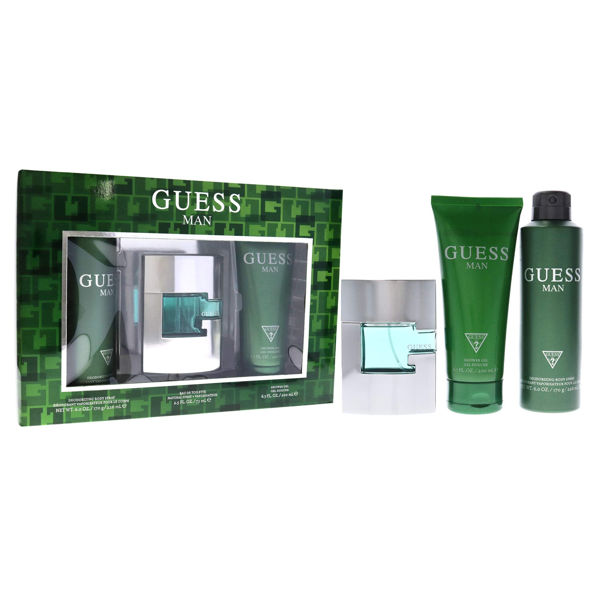 Guess Man 3 Pc Gift Set 2.5Oz Edt Spray, 6Oz Deodorizing Body Spray, 6.7Oz Shower Gel Giftset