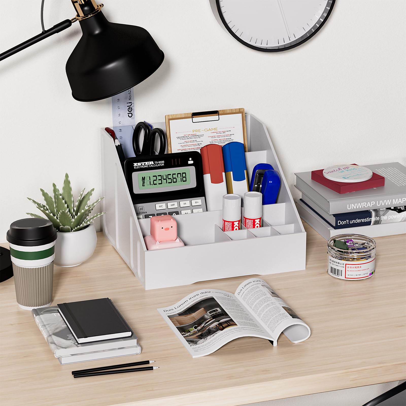 White Makeup Organizer For Vanity With 6 Lipstick Organizer,1 Makeup Brush Holder,3 Different Sized Compartments For Nail Polish