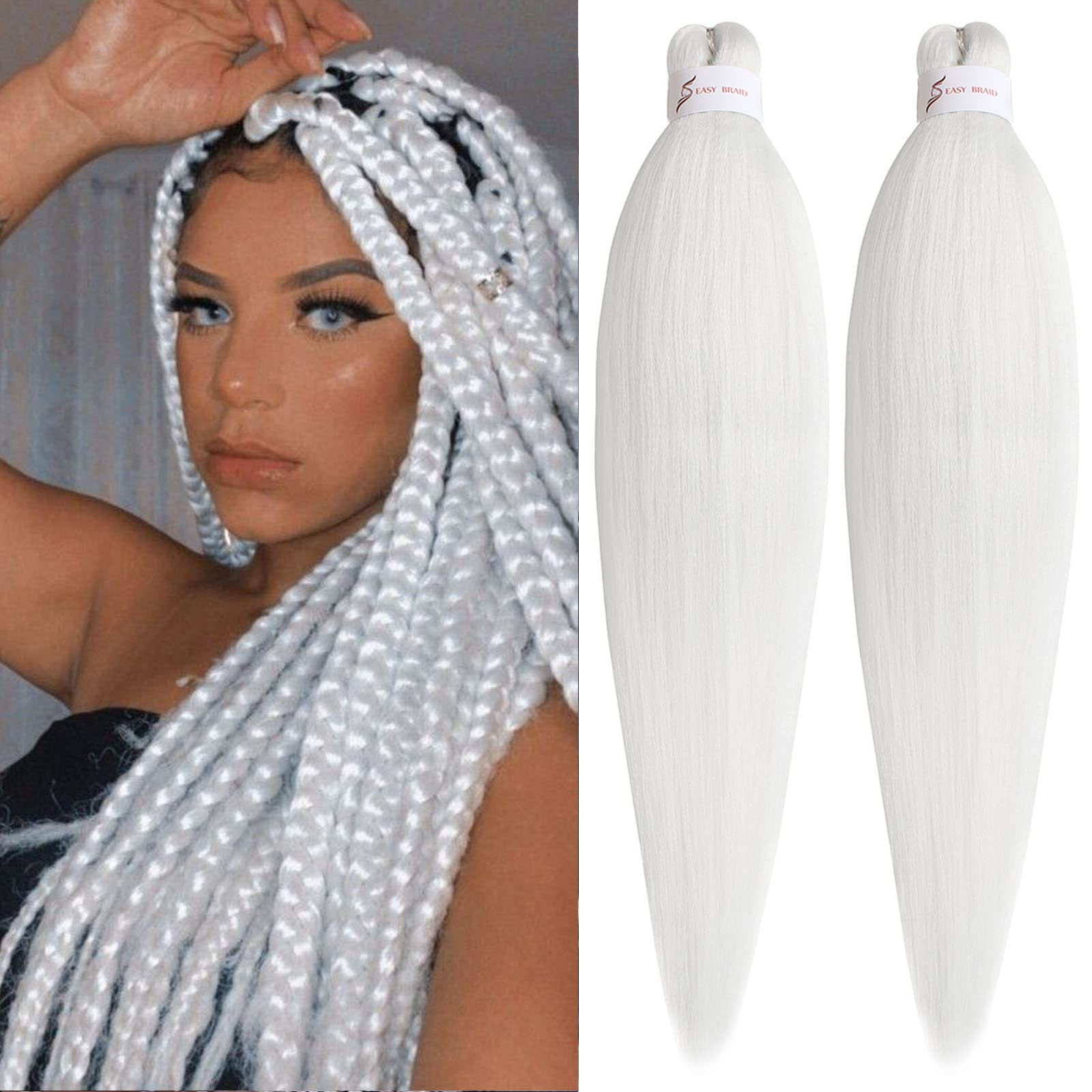 Unionbeauty 26 Inch Pre Stretched Braiding Hair 2 Packs Crochet Hair White Braiding Hair For Box Braids Hot Water Setting Easy B