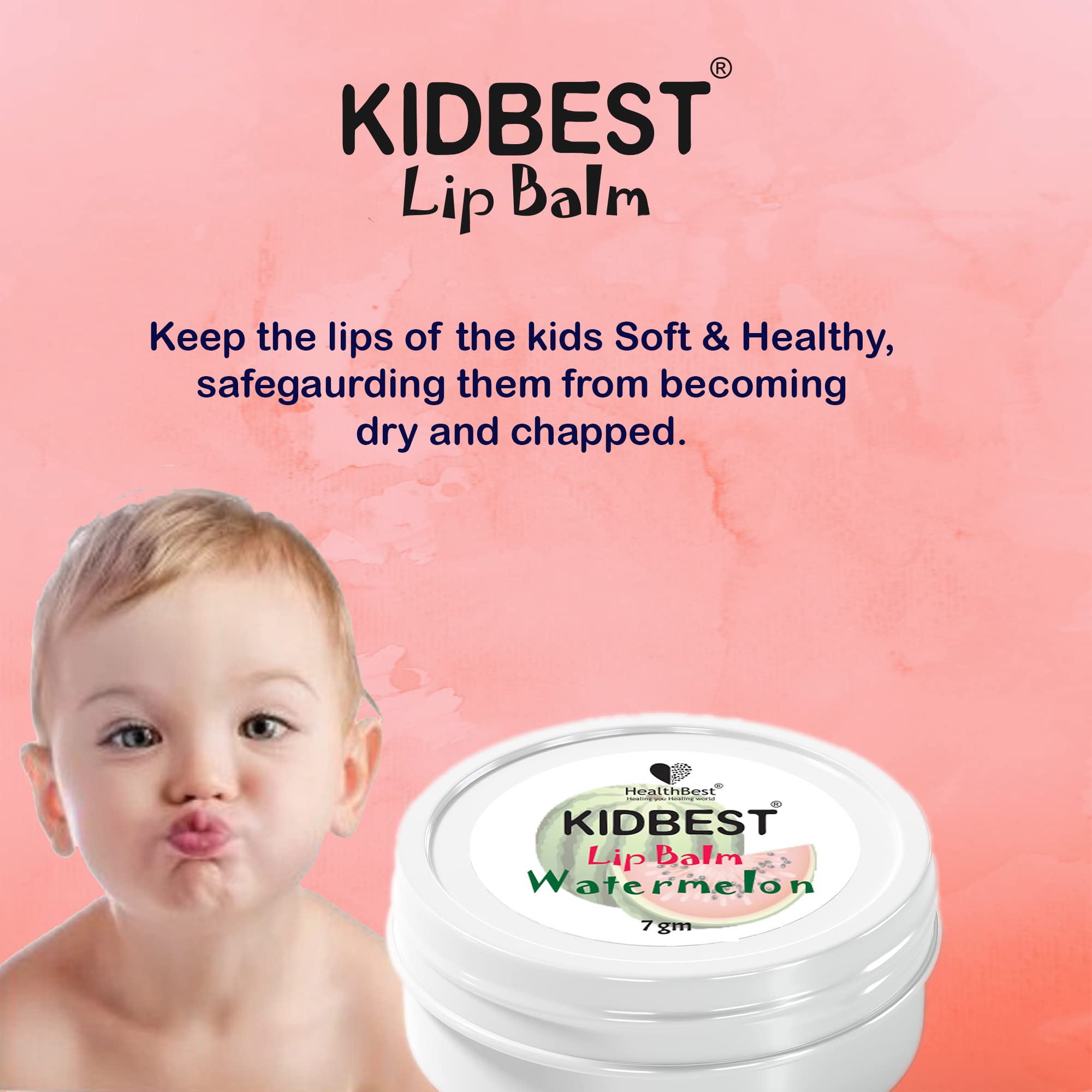 Healthbest Kidbest Lip Balm For Kids, Extra Nourishing, Soothing Lips, Tear, Paraben, Sls Free, Watermelon Flavor, 7Gm, Peach