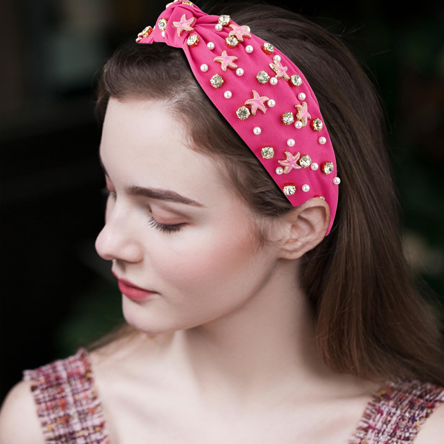 Atoden Hot Pink Headband With Pearl, Rhinestone, Beaded Crystal Jeweled Headbands For Women'S Hair Embellished Headbands, Top Kn