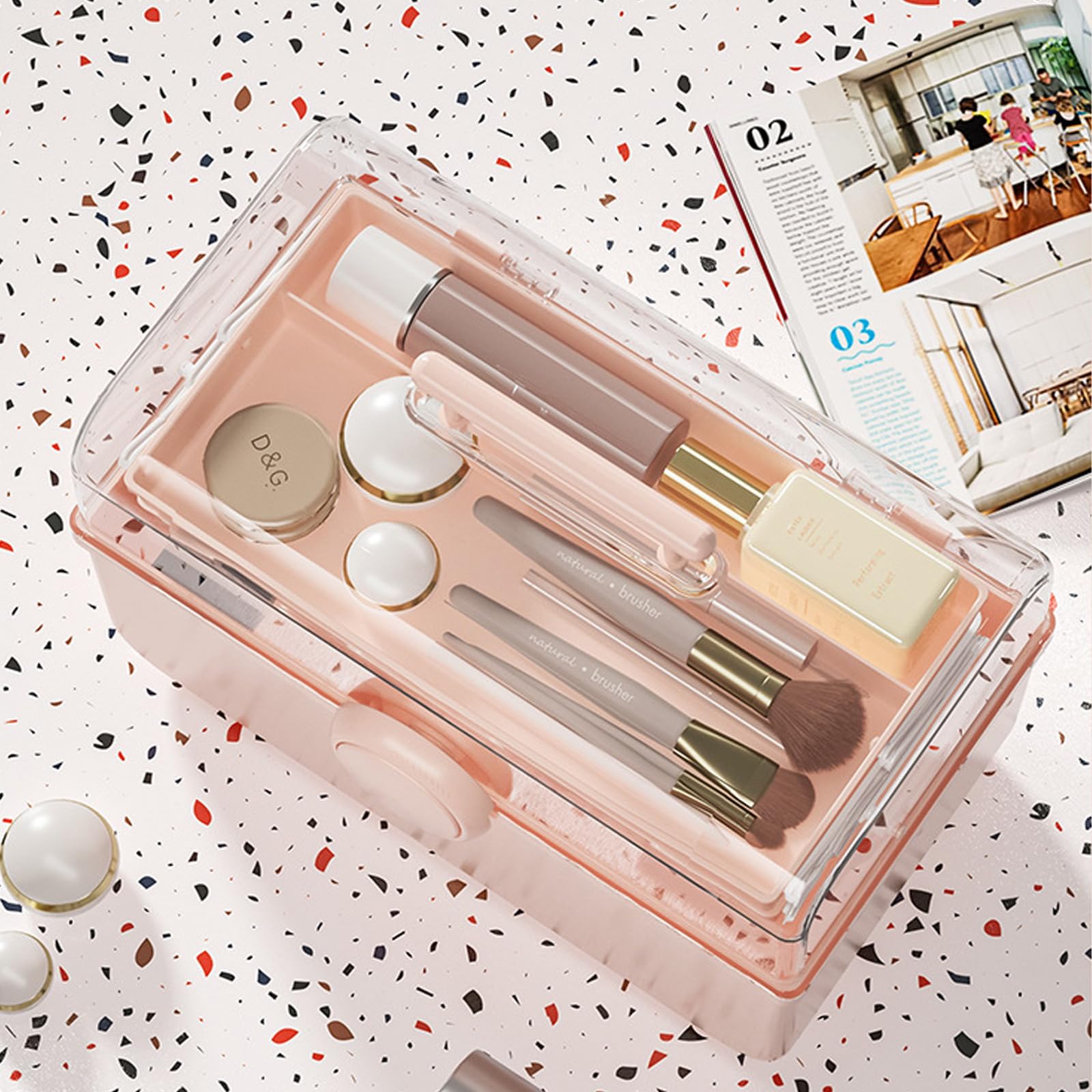 WMM Makeup Storage Organizer, Large Capacity Makeup Organizer with Transparent Visual Cover, Handle 3 Layers Portable Cosmetic S