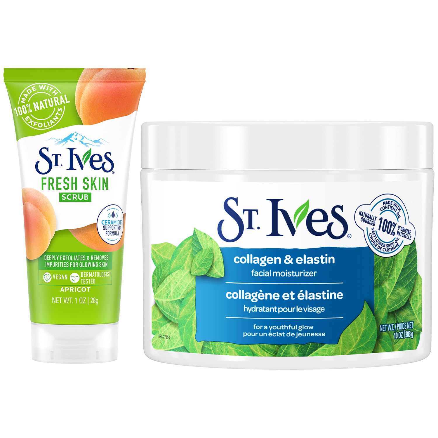 St. Ives Face Care Bundle  Collagen & Elastin Renewing Face Moisturizer + TravelSize Apricot Facial Scrub, Fresh Skin Exfolian