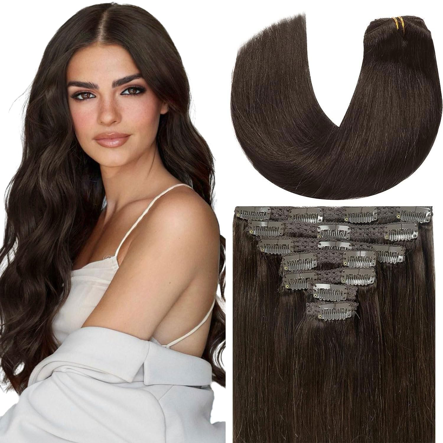 Loxxy Clip in Extensions Human Hair Dark Brown Hair Extensions 9A Grade Remy Human Hair Clip in Clip Hair Extensions Double Weft