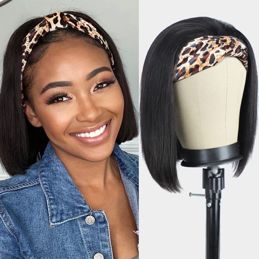 AISI Headband Wigs Human Hair Bob Headband Wigs for Black Women Easy Put On and Go Glueless Wigs Short Straight Wigs Machine Mad