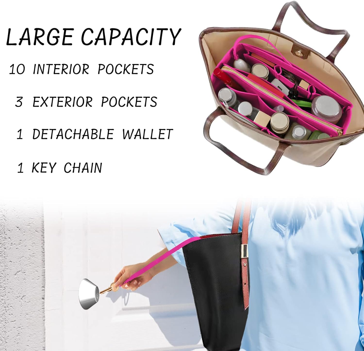 DailyPlus Handbag Organizer with Zipper Felt Handbag Organizer Handbag in Bag with Keychain for Tote Handbag Pink Medium