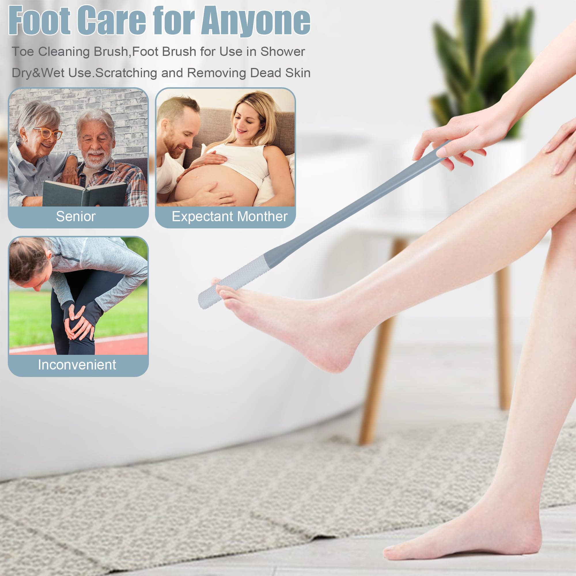Owiizi Toe Cleaning Brush 15.7'' Foot Scrubber In Shower With Long Handle Silicone Foot Brush Soft Skin Exfoliation Lotion Appli