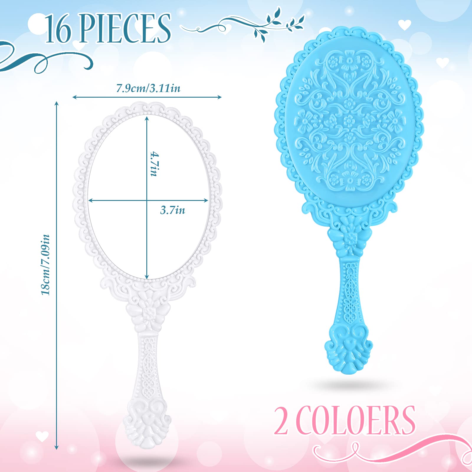 Yalikop 16 Pcs Vintage Handheld Mirror Small Cute Embossed Princess Mirror for Women Princess Party Favors Travel Makeup(Black,