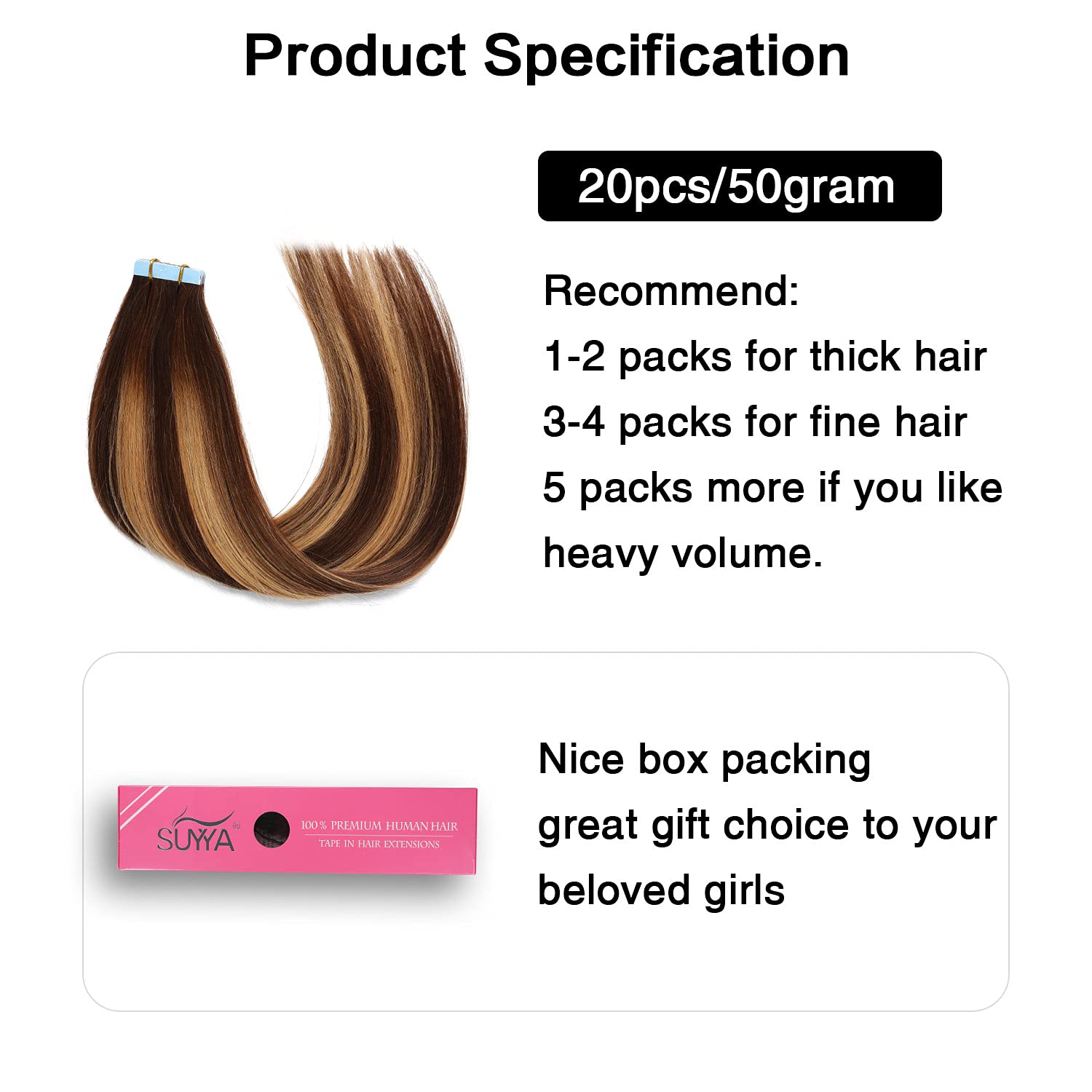 Suyya Tape In Hair Extensions Human Hair 50G/Pack 20Pcs Straight Balayage Seamless Skin Weft Tape In Real Hair Extensions Ombre