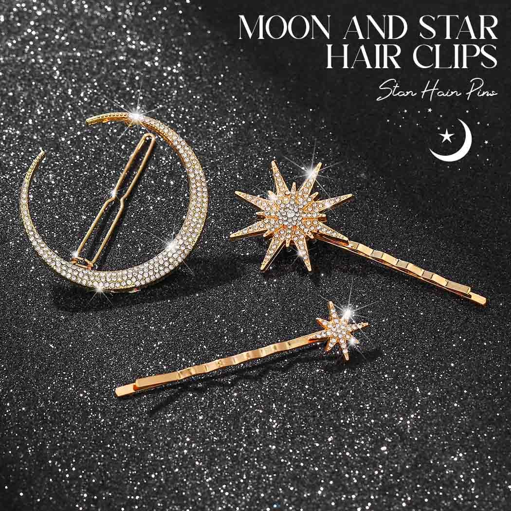 Bartosi Moon Star Hair Clips Gold Stars Hair Pins Crystal Celestial Hair Accessories For Women And Girls (Pack Of 3)