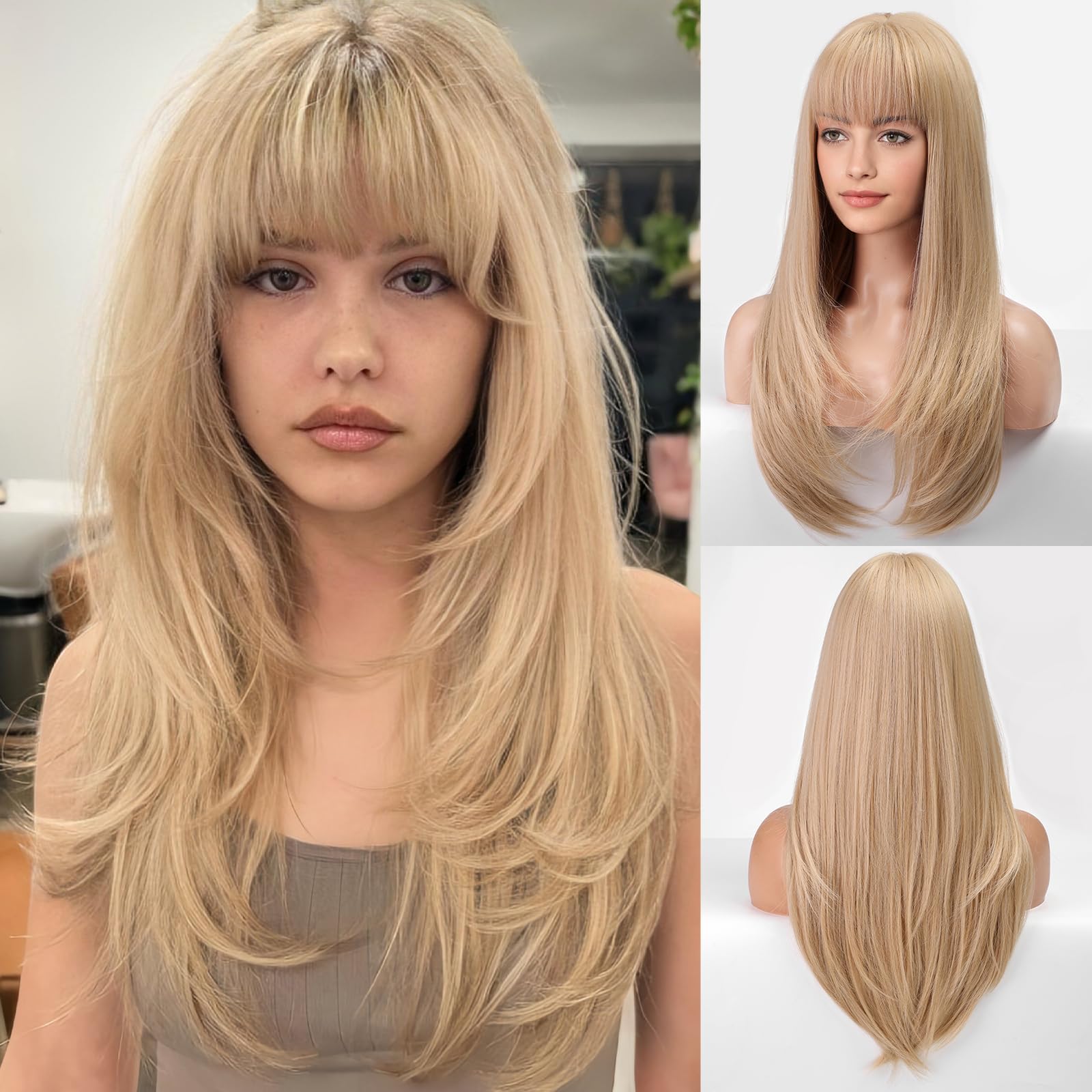 EMMOR 613 Blonde Wig With Bangs For Women Long Straight Wigs Synthetic Layered Hairstyle For Girls Party Cosplay And Daily Use(2
