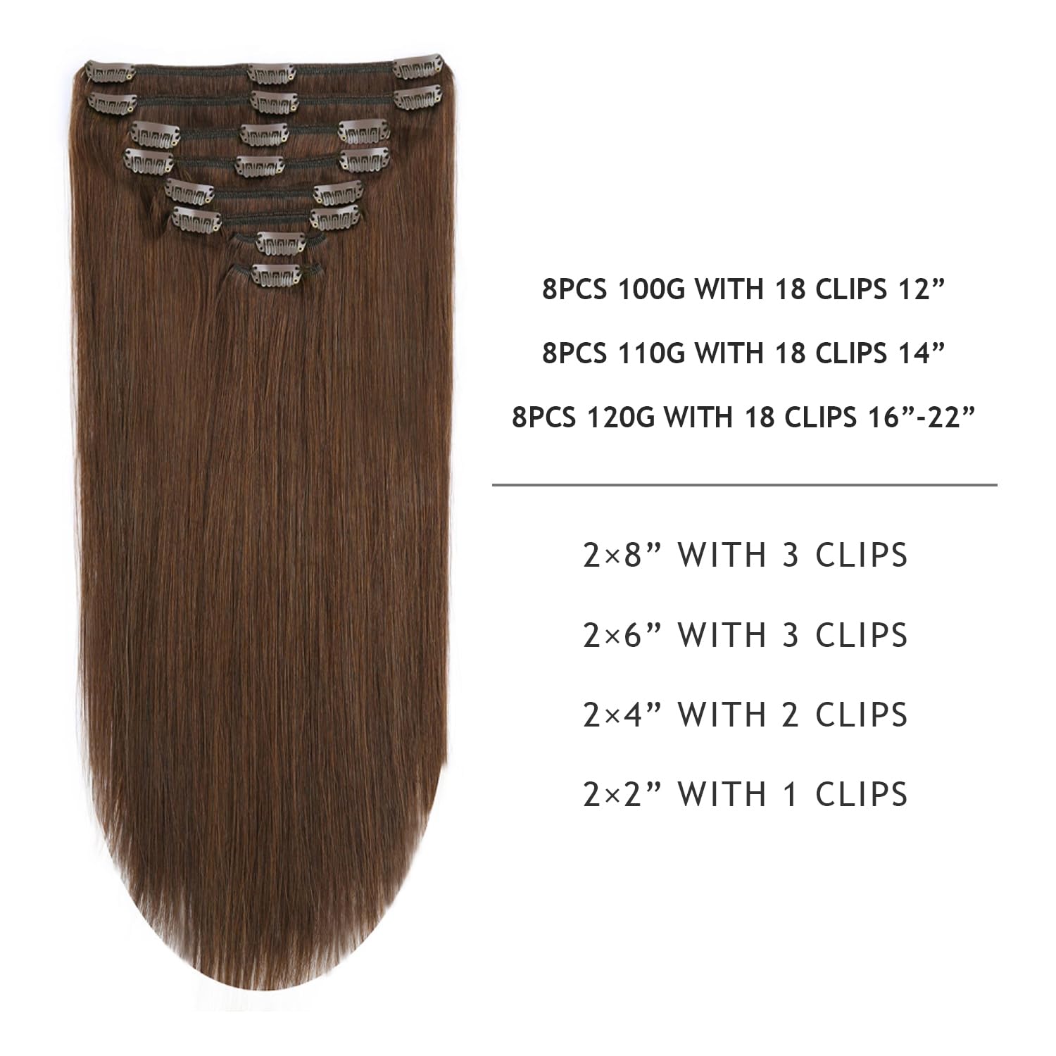 YILITE Hair Extensions Clip in 100% Real Human Hair 8Pcs/Pack 120g Chocolate Brown Thick Silky Straight Remy Human Hair Extensio