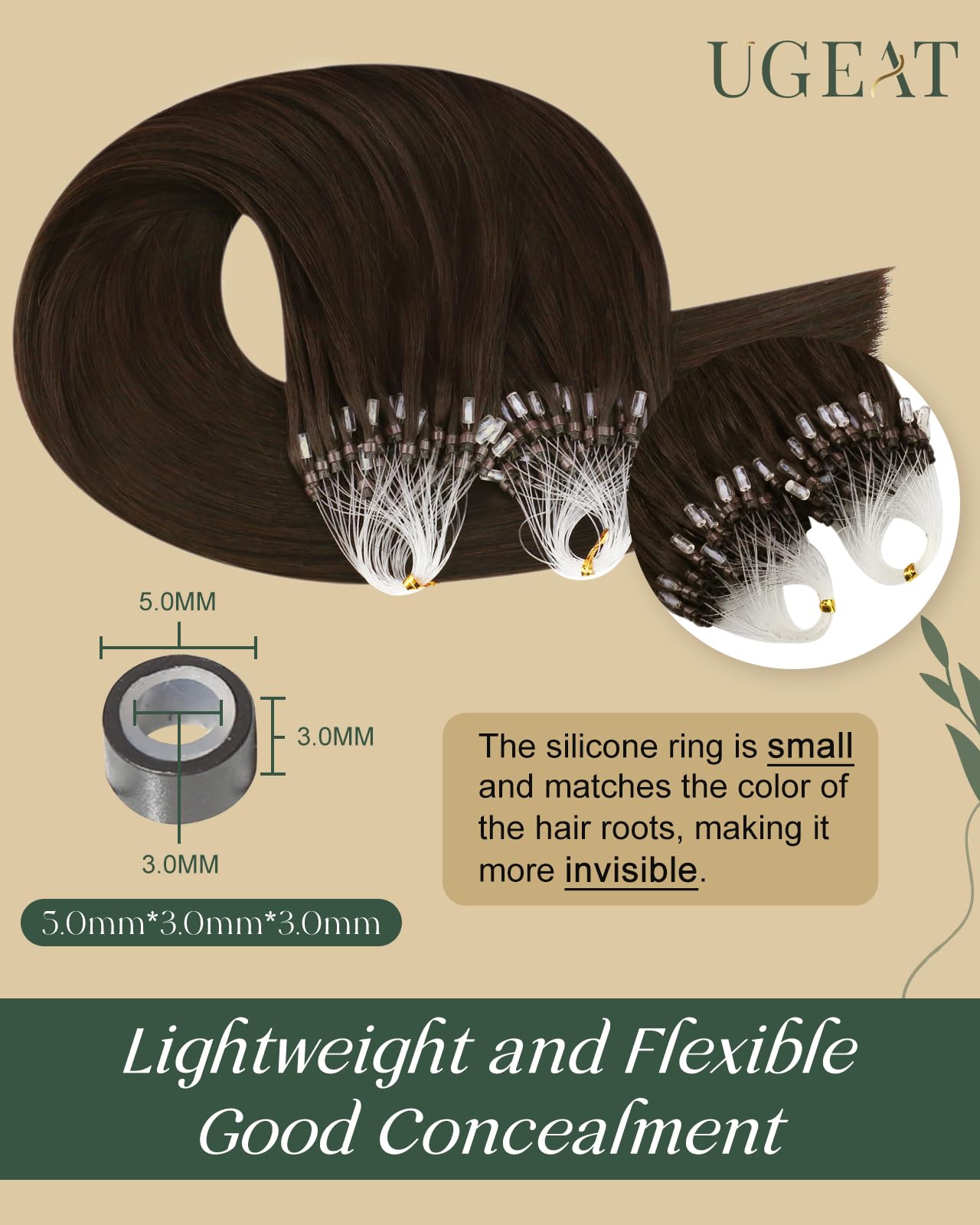 Ugeat Micro Loop Hair Extensions Real Human Hair Dark Brown Microbead Extensions Real Human Hair Silky Straight Micro Ring Human