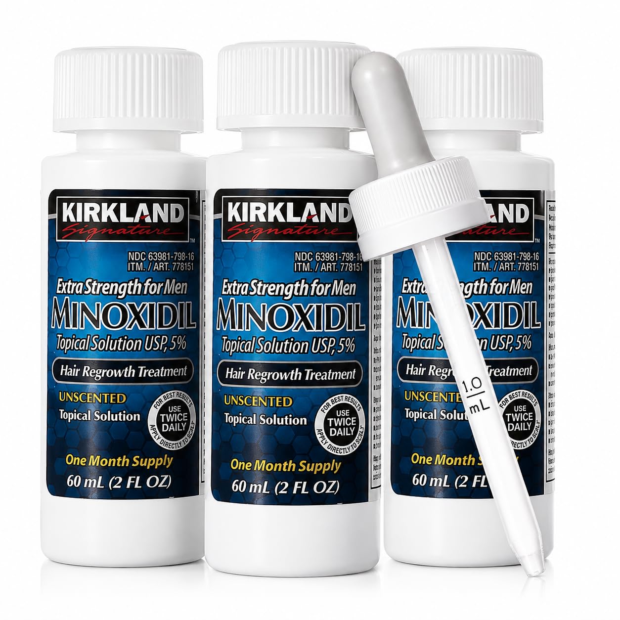 Kirkland Men Hair Loss Regrowth Revitalizes Hair Follicles 5% Minoxidil Topical Solution 3 Months Supply Size 3 X 2 Fl. Oz (60 M