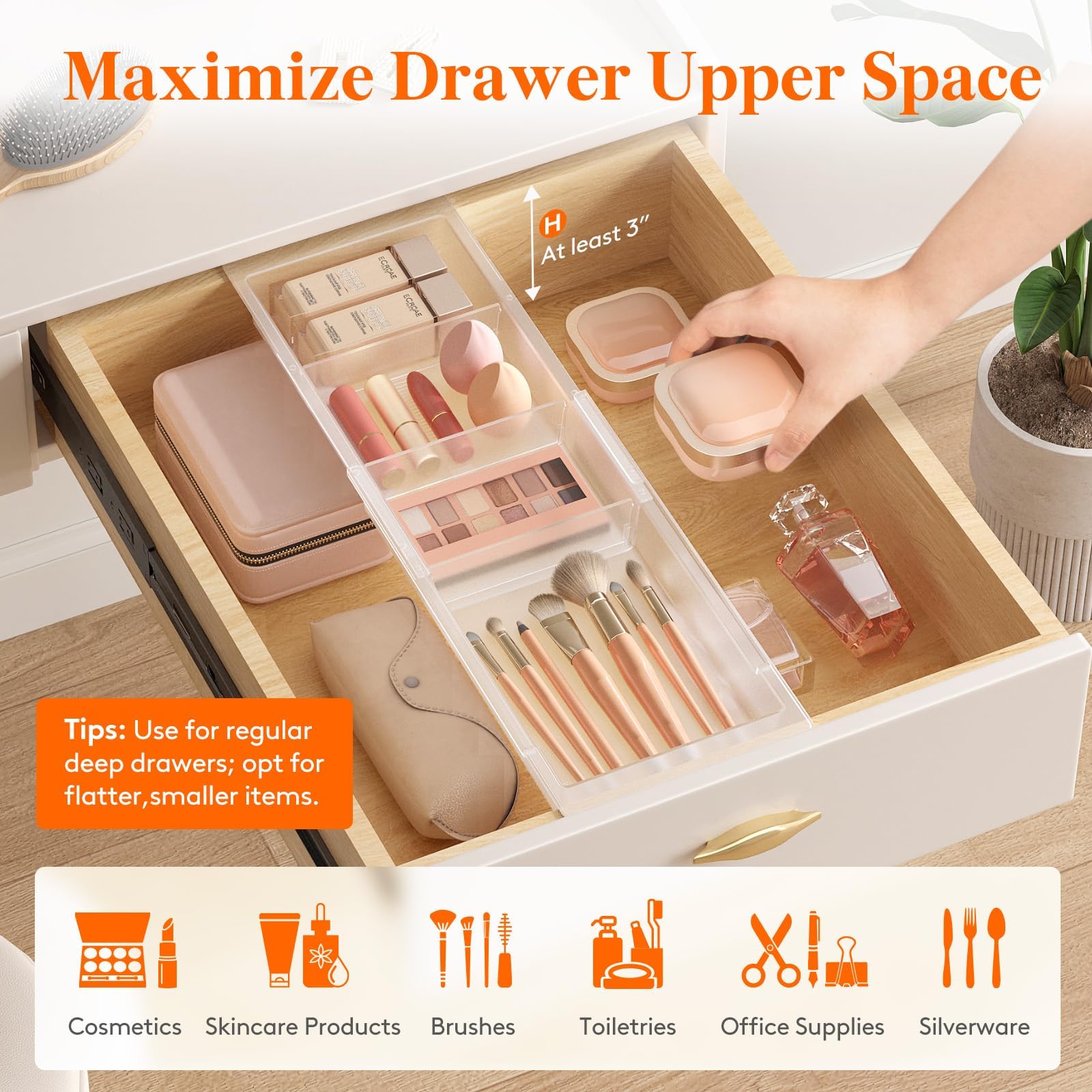 Lifewit Sliding Makeup Drawer Organizer Trays with Inserts, Extendable Hanging Desk Drawer Divider, 14-23 Long/1.8 High Plastic