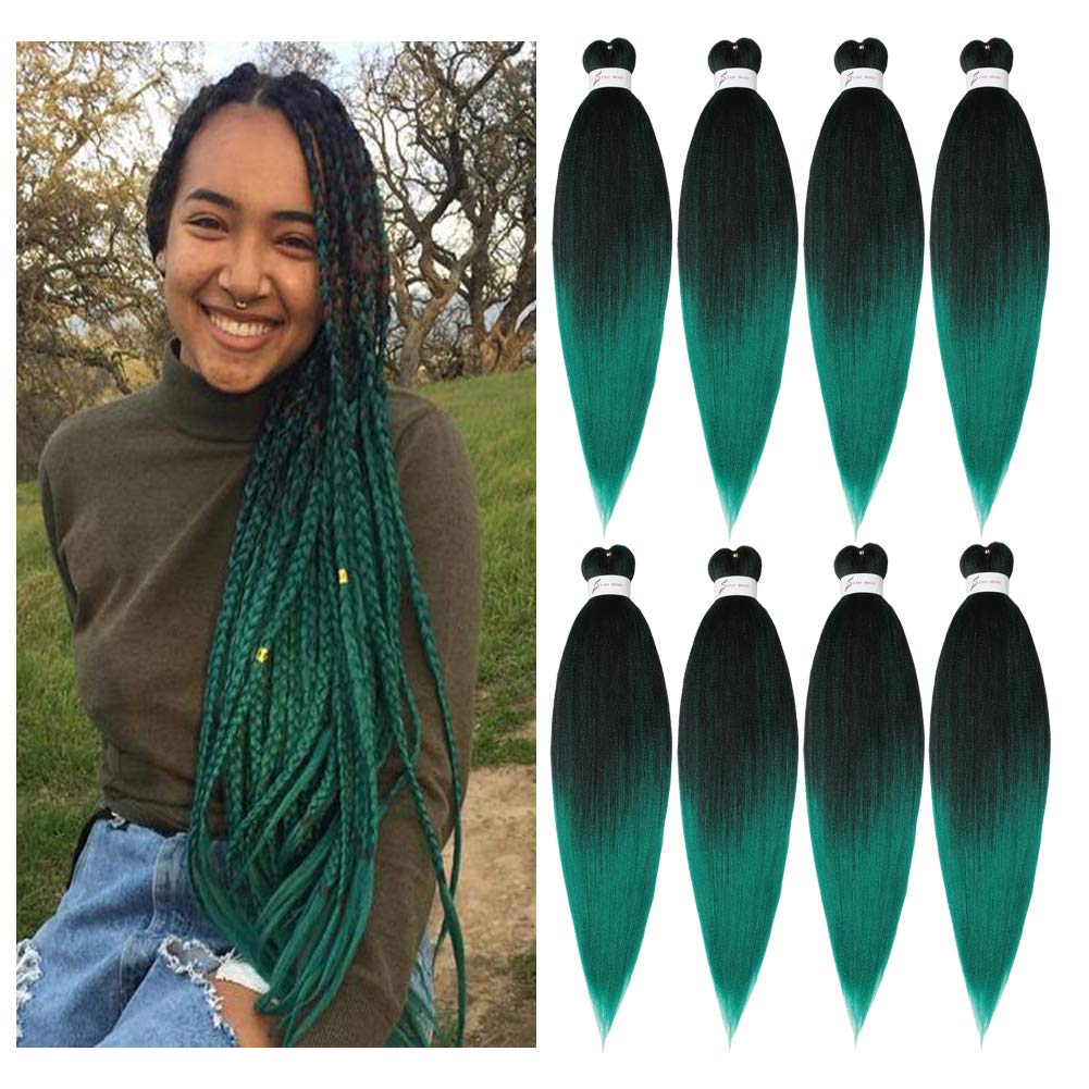 Pre-Stretched Braiding Hair Extensions Ombre Black To Green - 26 Inch 8 Packs Synthetic Crochet Braids, Hot Water Setting Profes