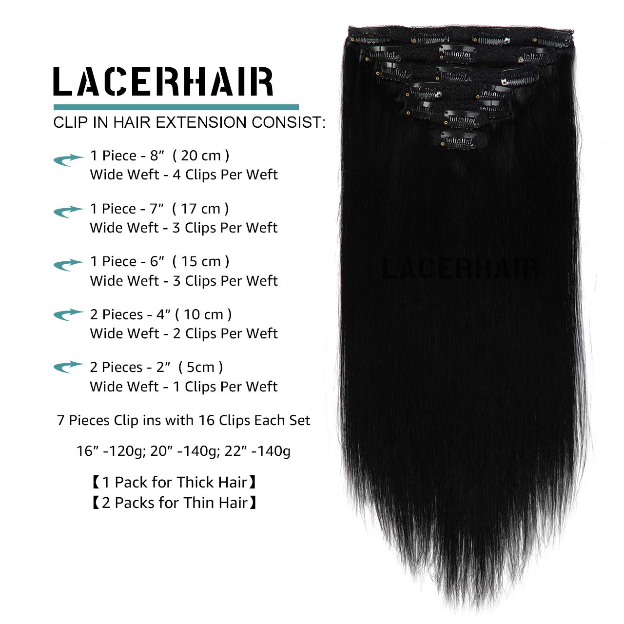 Lacer Hair Extensions Clip In Human Hair Jet Black #1 120G 7Pcs Per Set Silky Straight 100% Clip In Hair Extensions Remy Human H