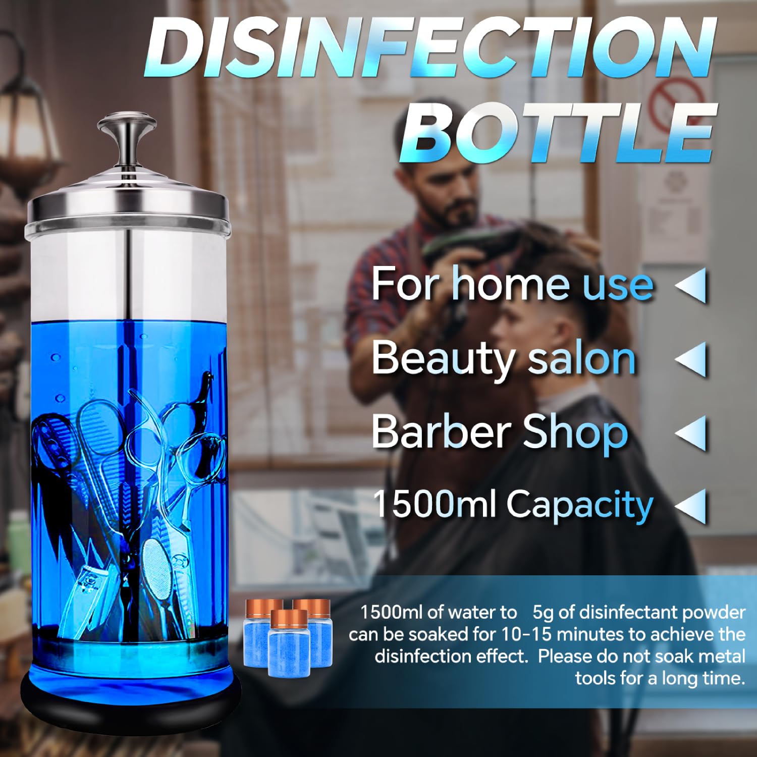 50 OZ Disinfectant Jar + 210g Disinfectant Powder (Water-Soluble), For Sterilization of Salon Barber and Nail Tools