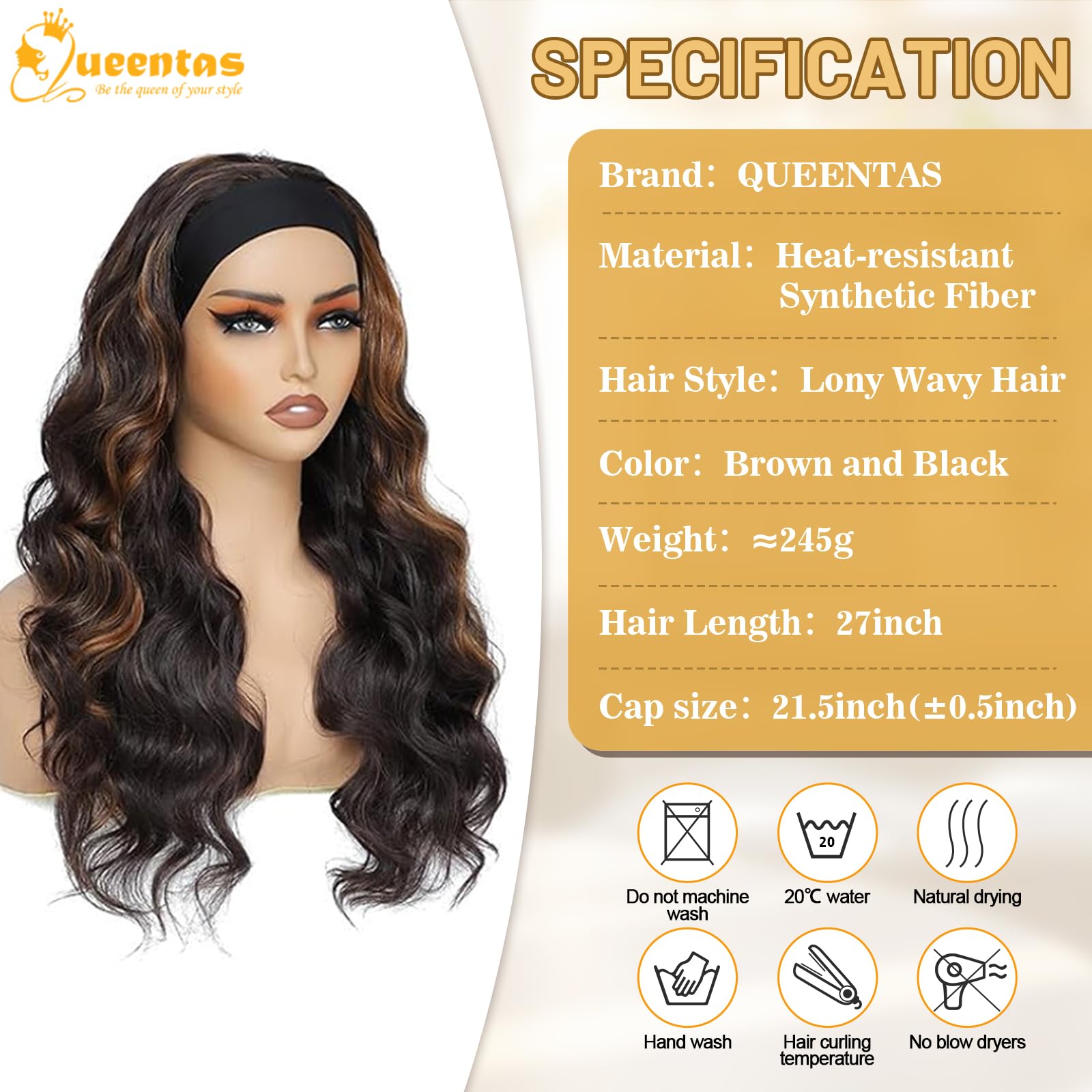 QUEENTAS 27 Long Wavy Headband Wigs for Women Black Mixed Dark Brown with Blonde Highlight Curly Headband Wig Easy Wear Syntheti