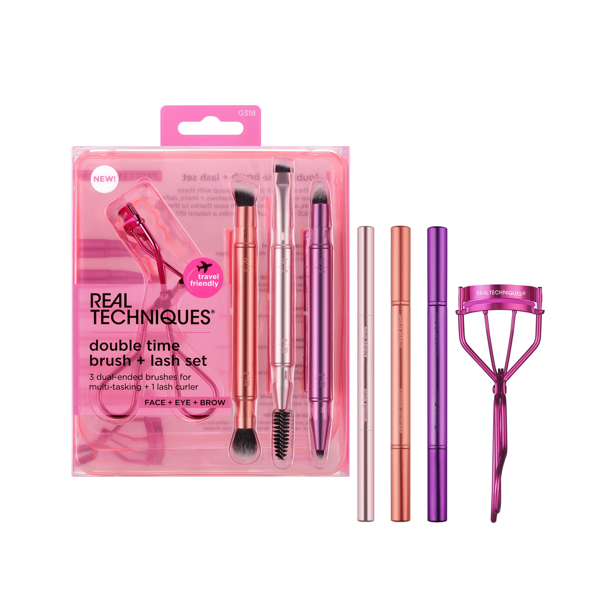 Real Techniques Double Time Brush + Lash 4 Piece Set, Dual-Ended Eye Makeup Brushes For Eyeshadow & Brows, Travel-Friendly Brush
