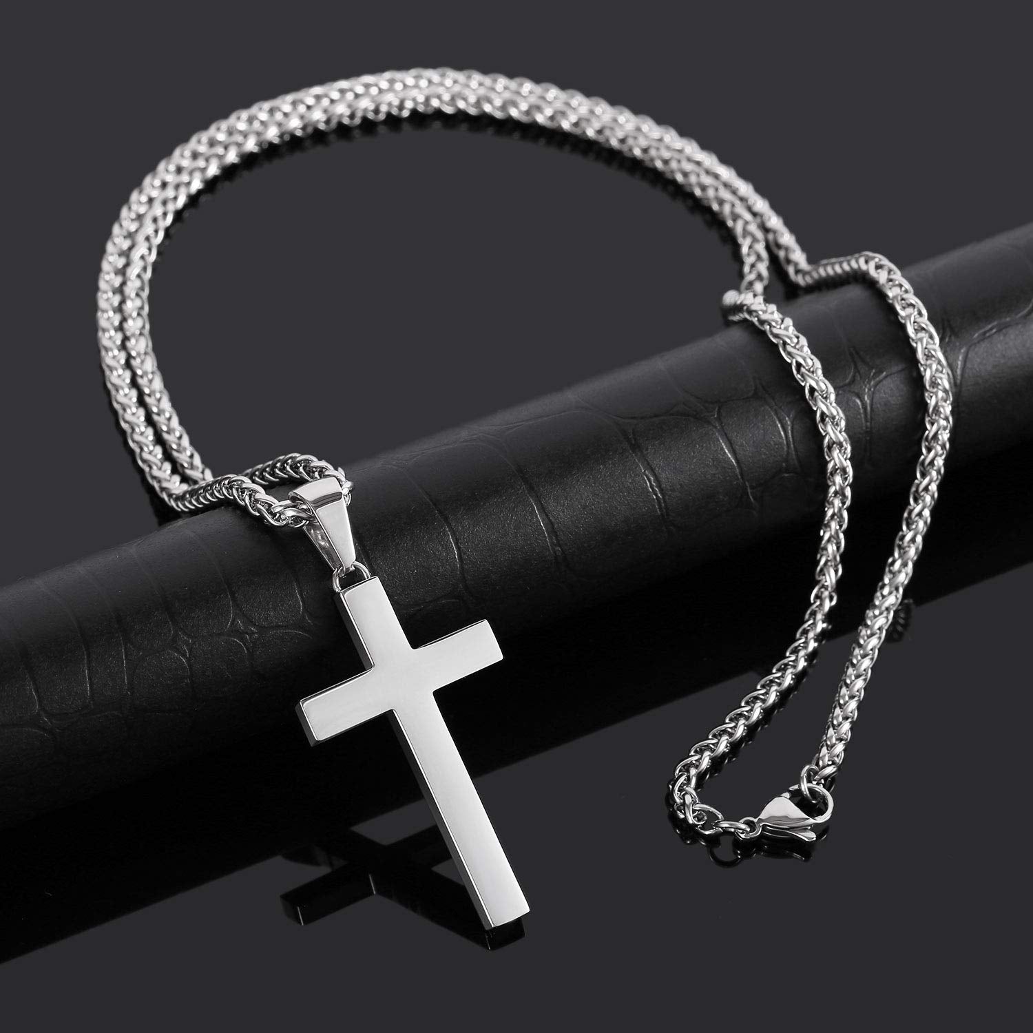 P. BLAKE Silver Cross Necklace for Men Boys, Stainless Steel Cross Pendant Chain Christian Religious Jewelry Valentine Christmas