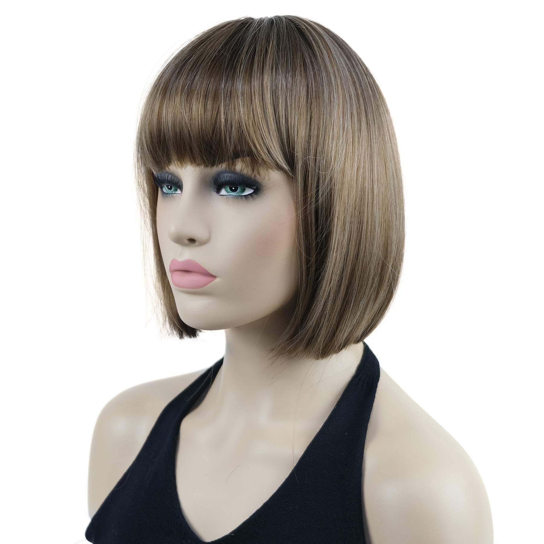Lydell 8'' Straight Short Bob Hair Flat Bangs Cute Central Dot Skin Top Heat Resistant Synthetic Wigs (12Tt26 Light Golden Brown