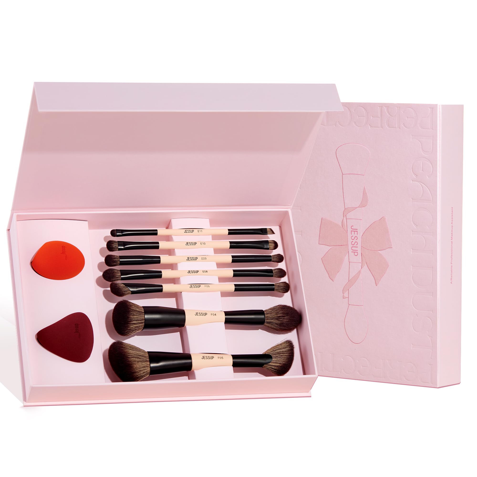 Jessup Makeup Brushes Set With Makeup Sponge, 7Pcs Double Sided Makeup Brushes For Foundation Concealer Blush Eyeshadow Contour