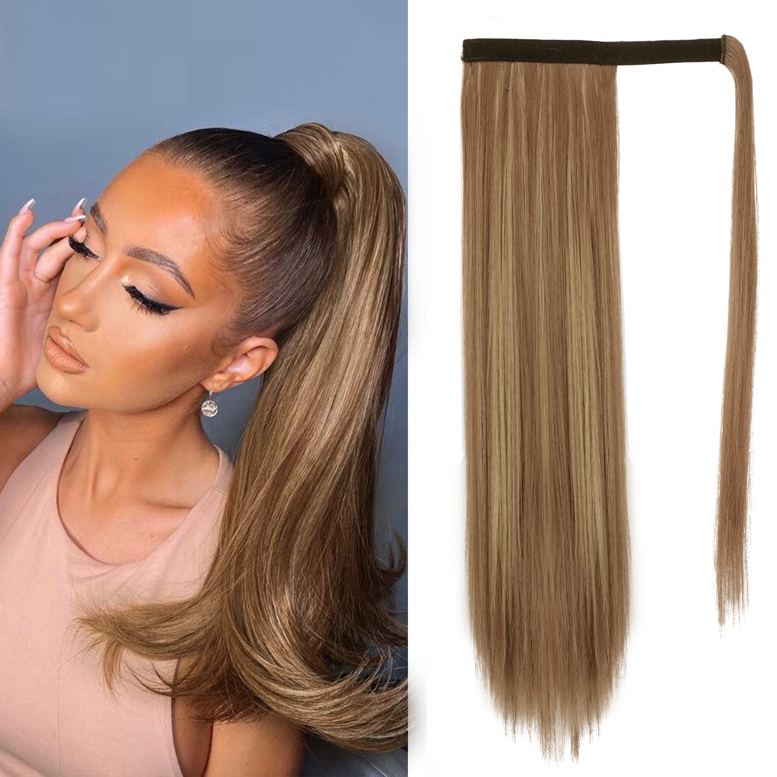 BARSDAR 20 Inch Straight Ponytail Extension Long Straight Wrap Around Clip in Ponytail Hair Extensions Synthetic Pony Tails Hair