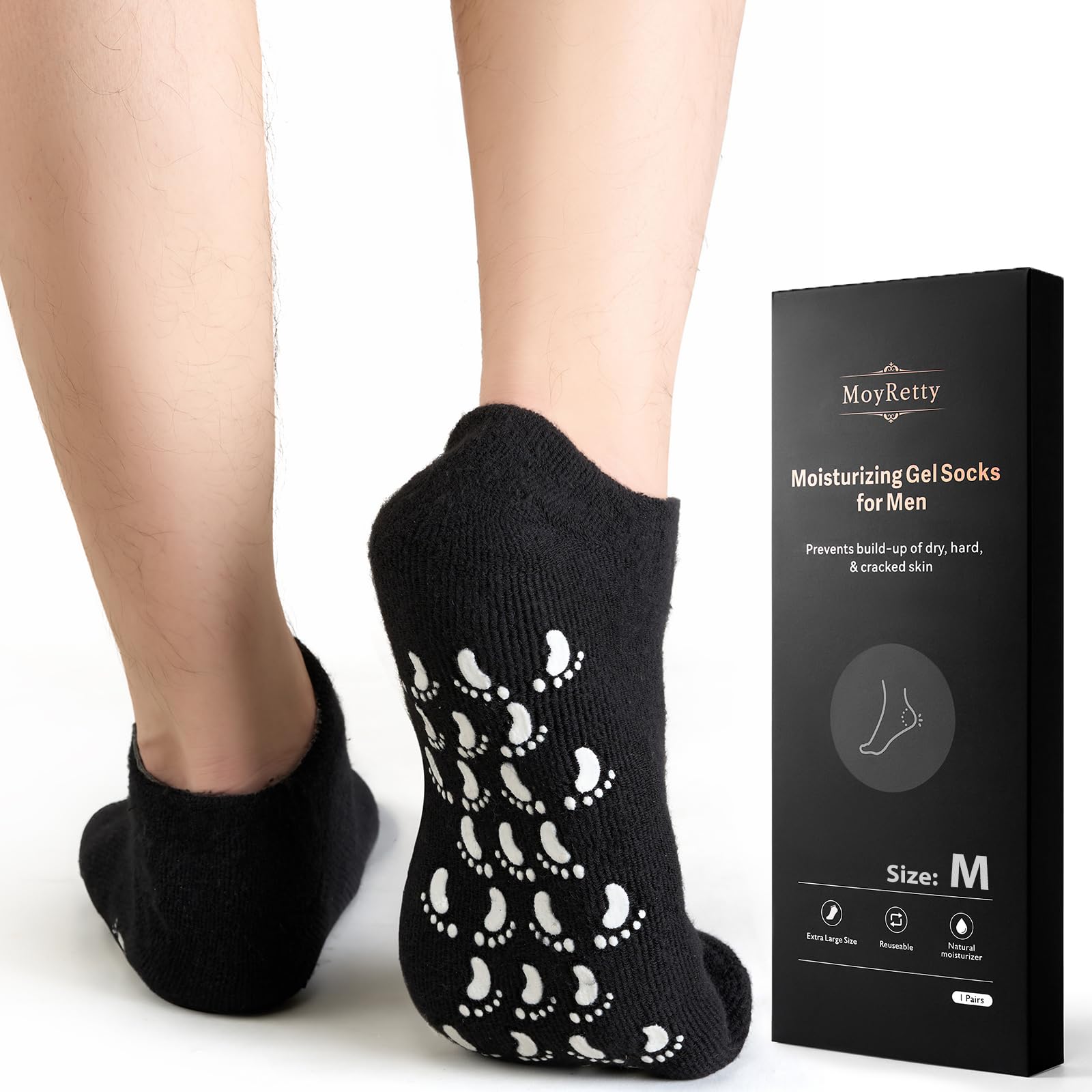 MoyRetty Moisturizing Silicone Socks for Men (Medium), Black, Ultimate Aloe-Infused Gel for Home Use (M-1pair)