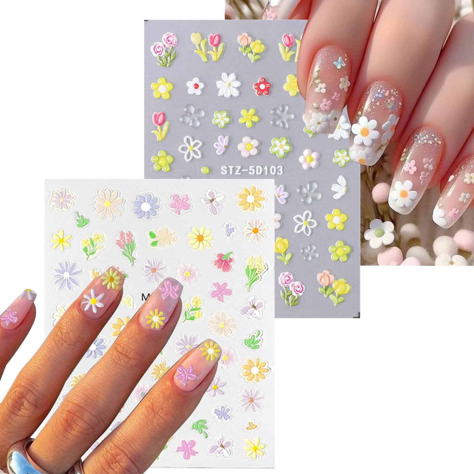 Votacos Flower Nail Art Stickers 7 Sheets 5D Nail Decals Spring Summer Nail Art Design 3D Self-Adhesive Nail Supplies White Yell