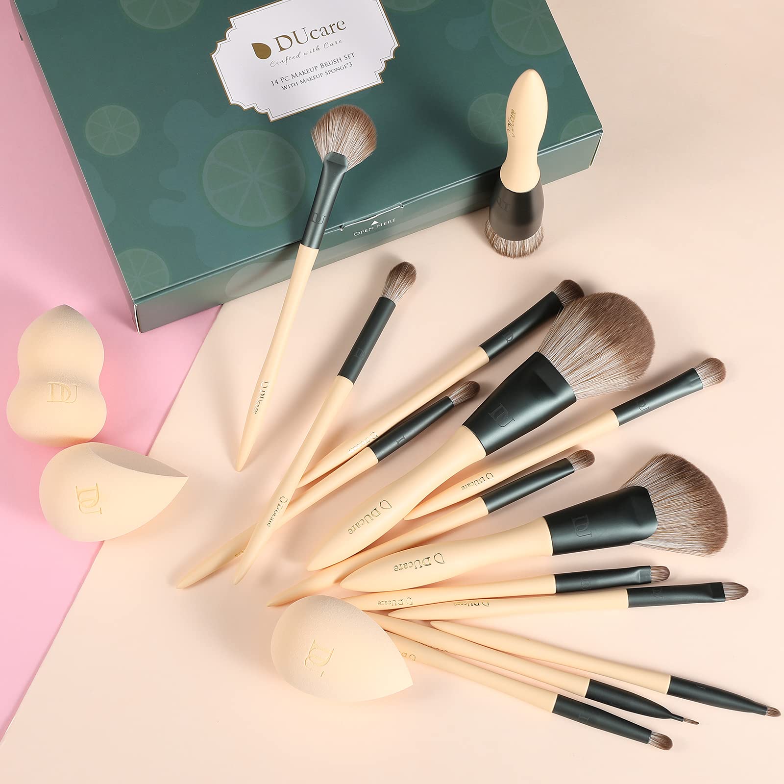 Ducare Makeup Brushes 14Pcs With 3Pcs Makeup Spong & Cosmetic Bag - Lime Mojito Series Valentines Day Gifts Professional Kabuki