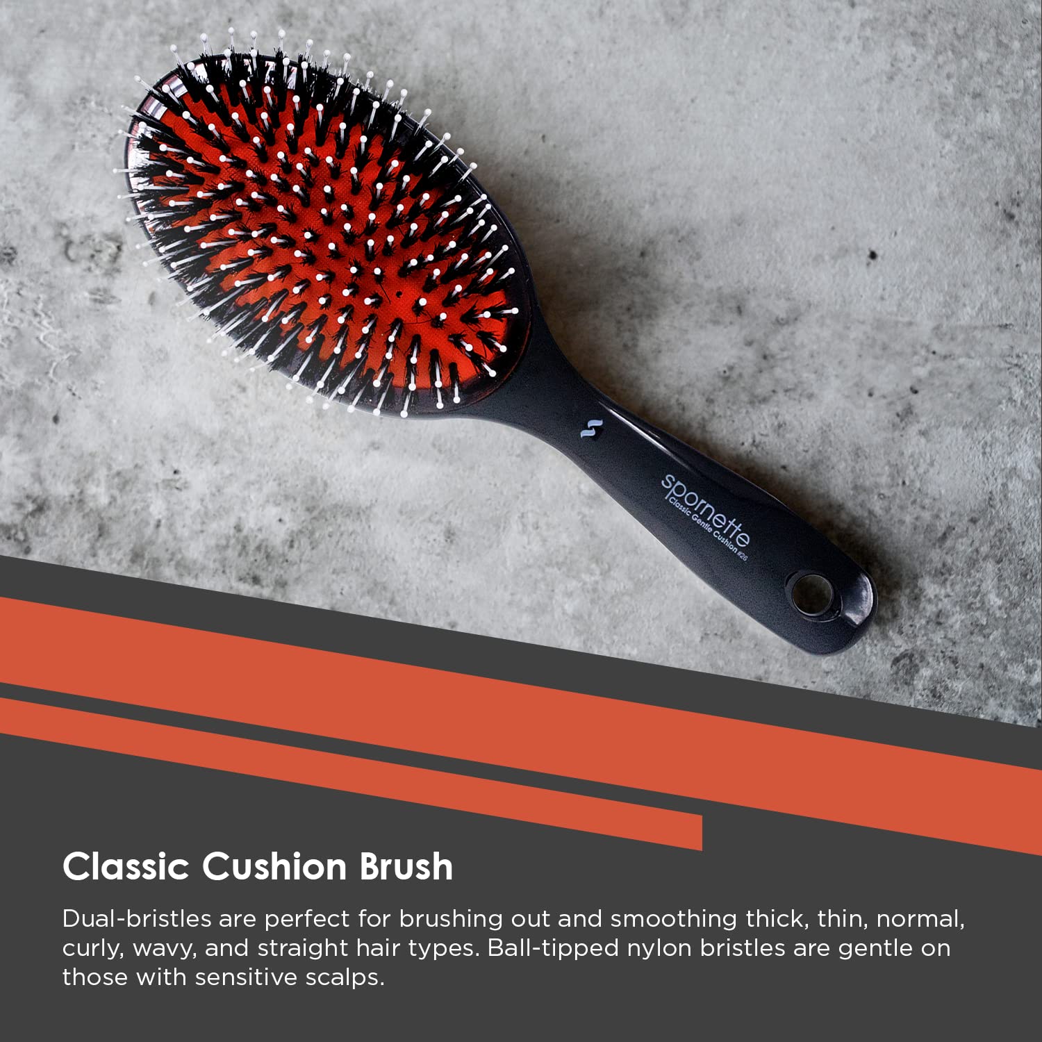Spornette Classic Cushion Hair Brush, Boar & Ball-Tipped Nylon Bristles - Lightweight Oval Handle Brush for Straightening, Styli