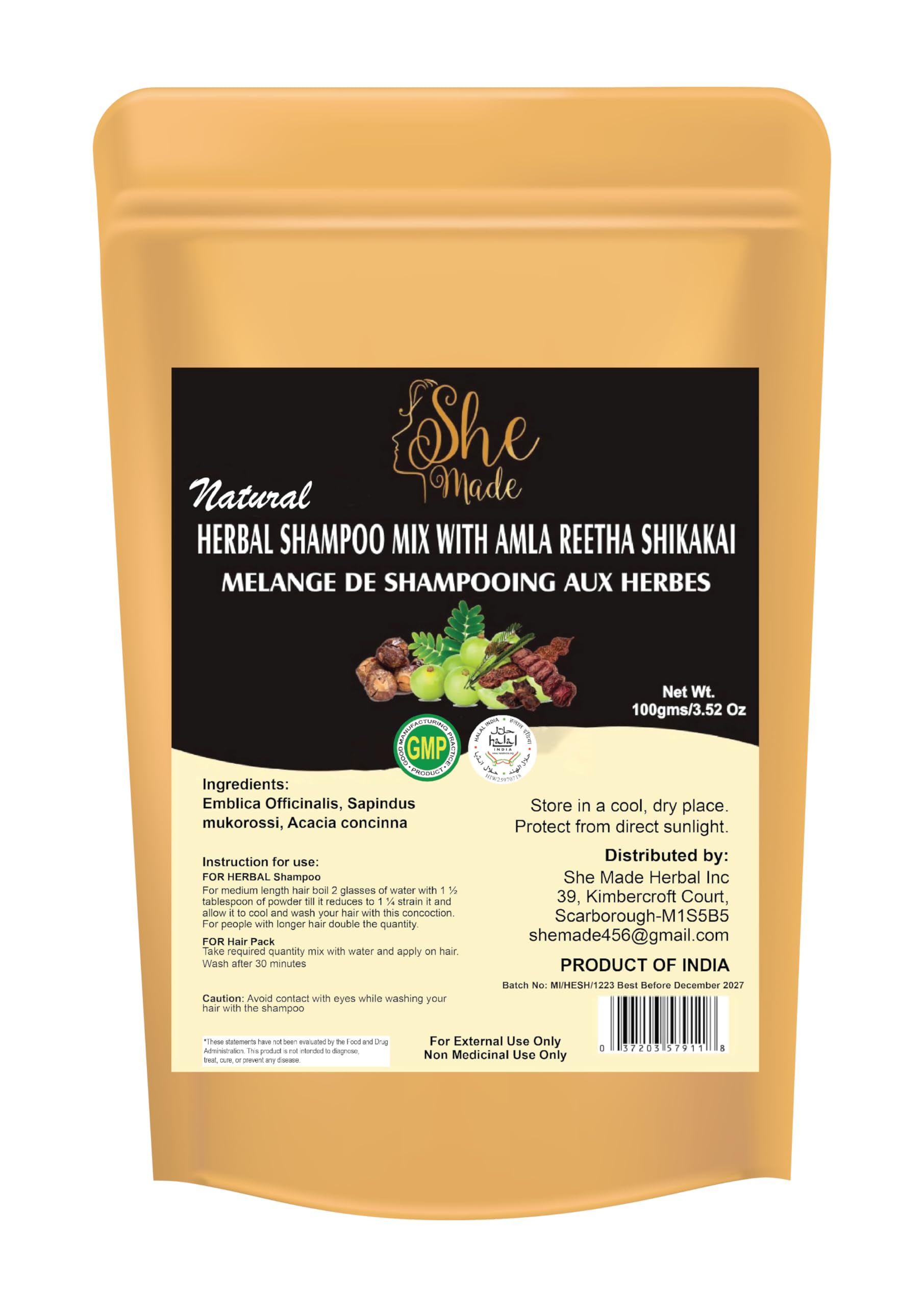She Made Natural Herbal Shampoo Blend with Amla, Reetha and Shikakai Powder | 100gms (3.52 Oz) | Reduce Hair Fall & Dandruff, Th