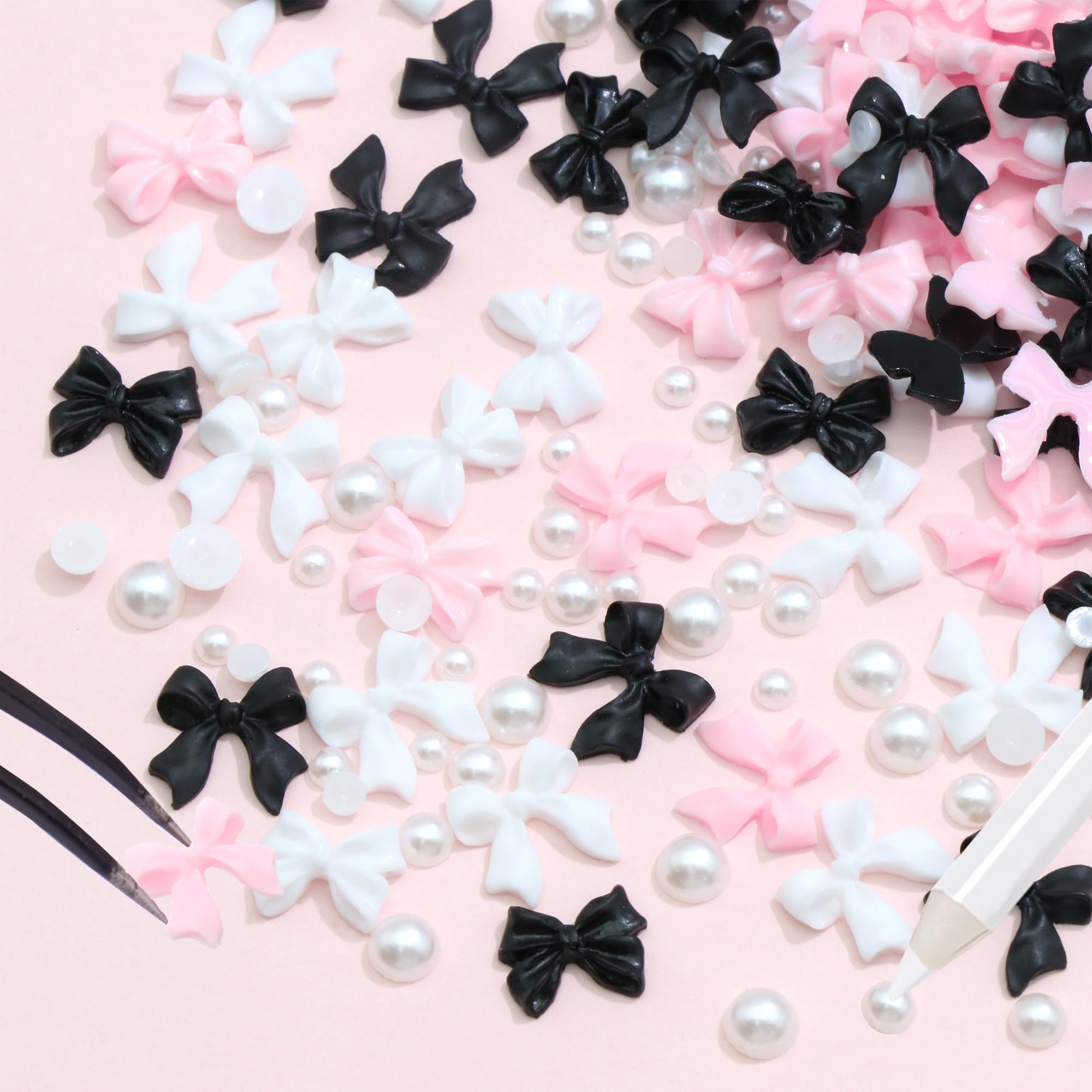 300Pcs Bow Nail Charms And Flatback Pearls,Black White Pink Bowknot 3D Cute Nail Charms For Acrylic Nail Supplies Design,White H