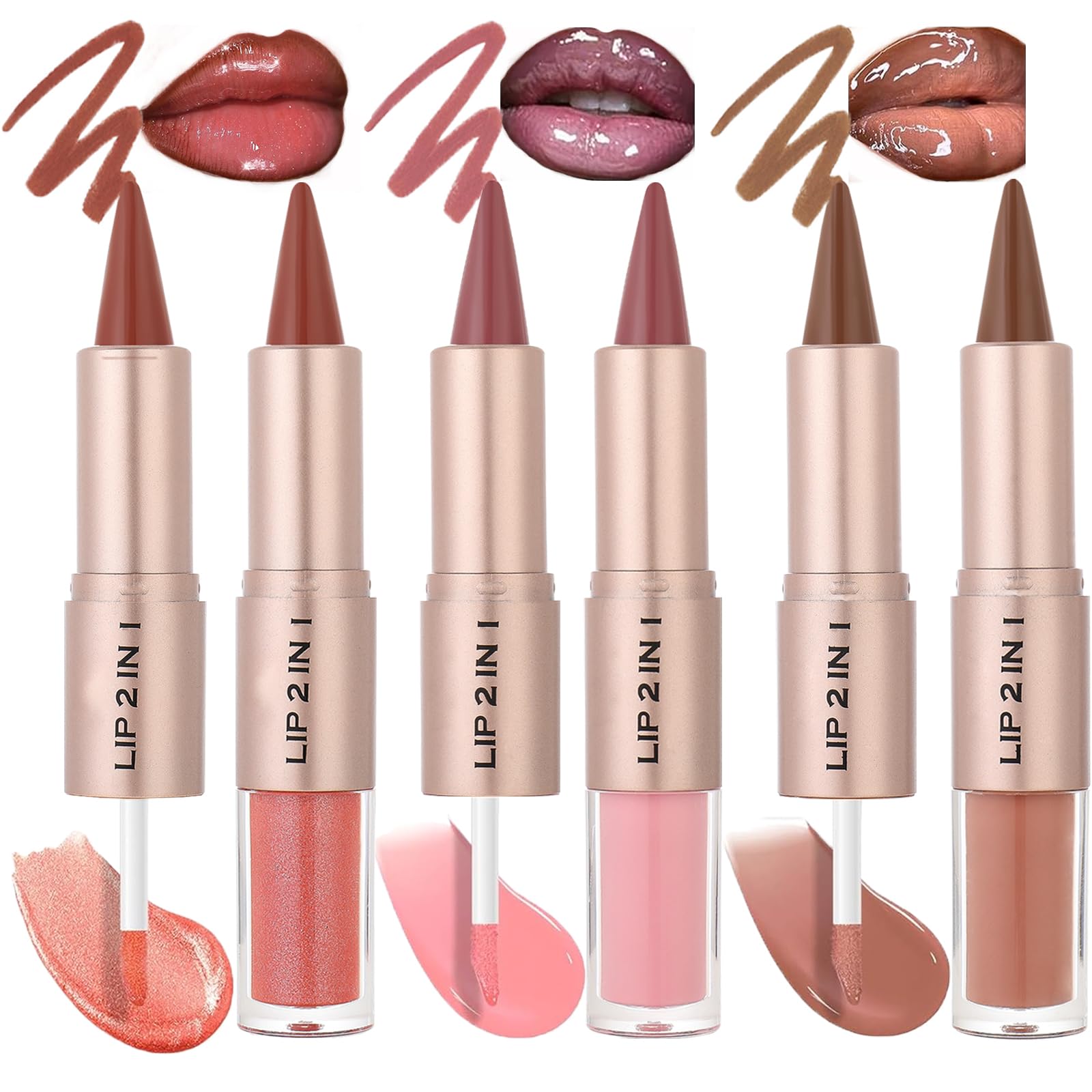 Petansy 3 Colors DualEnded Matte Lip Liner & Lip Gloss, 2in1 Lip Liner and Lipstick Gloss Set, Plumping Moisturizing High Shi