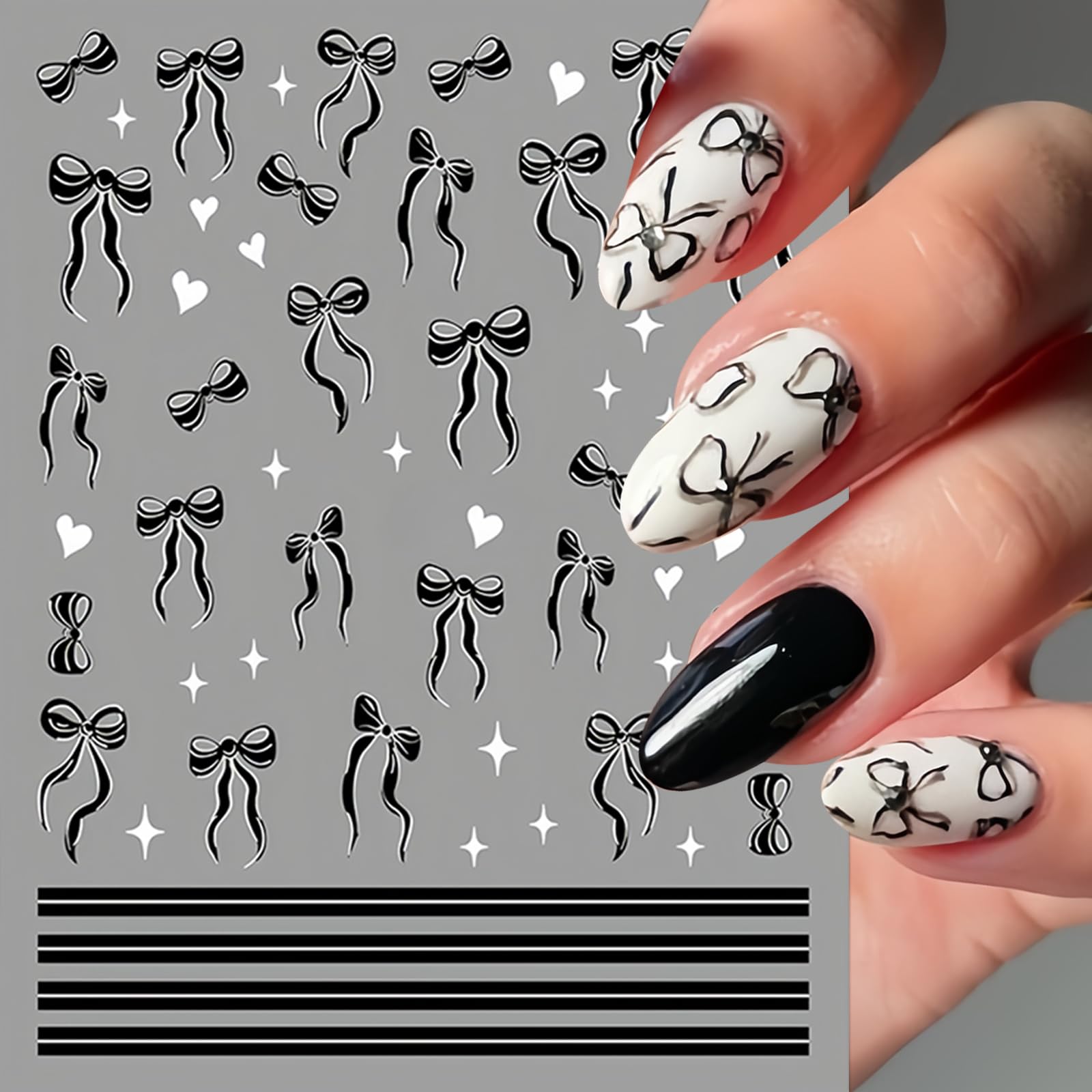8Pcs Leopard Print Nail Art Stickers 3D Self-Adhesive Black Pink Bow-Knot Nail Decals Cute Tiny Bow French Line Nail Design Supp