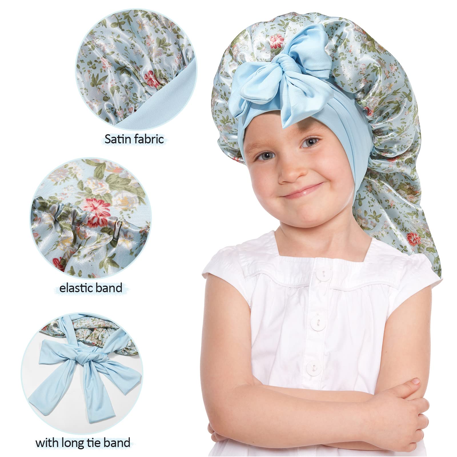 Awaytr Long Toddler Silk Bonnet For Sleeping Elastic Satin Bonnets For Curly Hair Braid Bonnet Night Cap For Aged 3-12 Kids (Flo