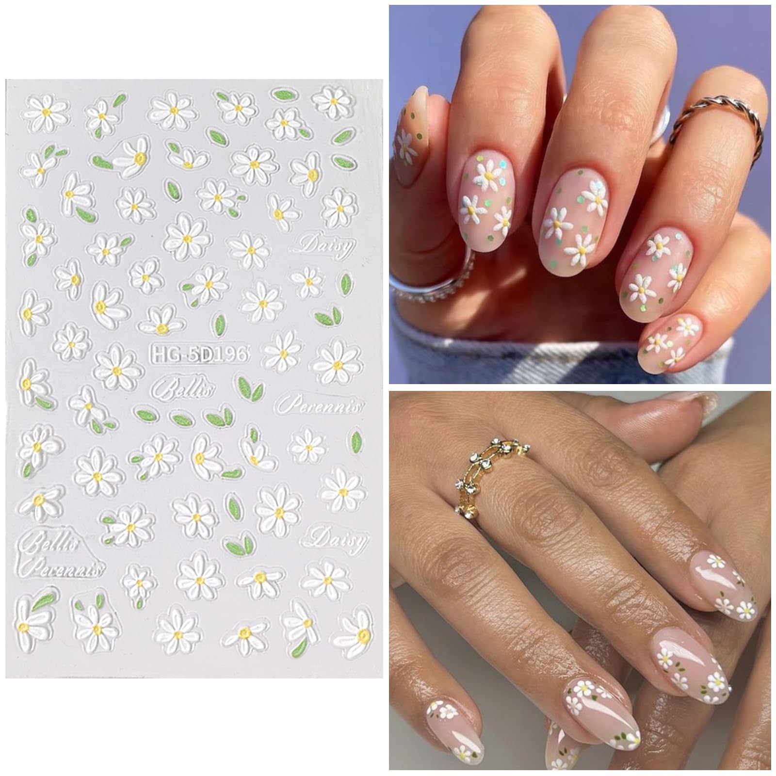 Votacos Flower Nail Art Stickers 7 Sheets 5D Nail Decals Spring Summer Nail Art Design 3D Self-Adhesive Nail Supplies White Yell