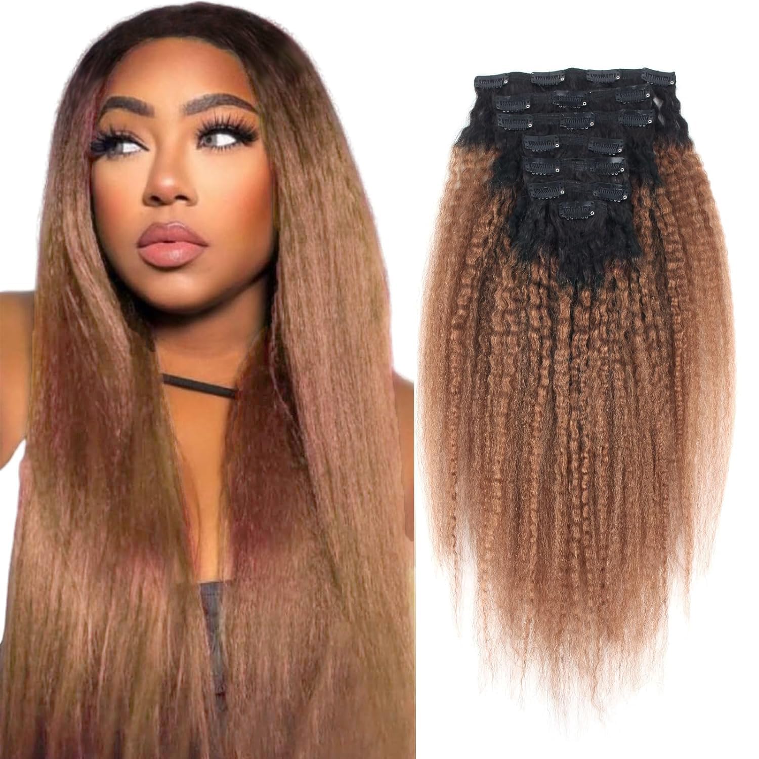 AmazingBeauty 8A Texlaxed Kinkys Straight Ombre Hair Clip Extensions Double Weft Real Remy Human Hair for Black Women, Natural B