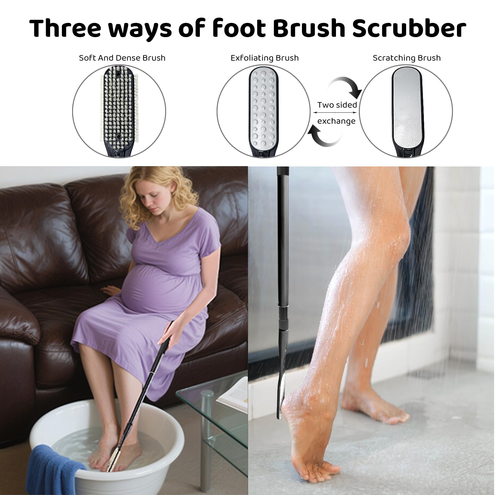 Gobiteli Toe Cleaning Brush Long Handle, 18.8 -25.9  Telescopic Long Handle Foot Scrubber Dead Skin Remover,Foot File for Feet C