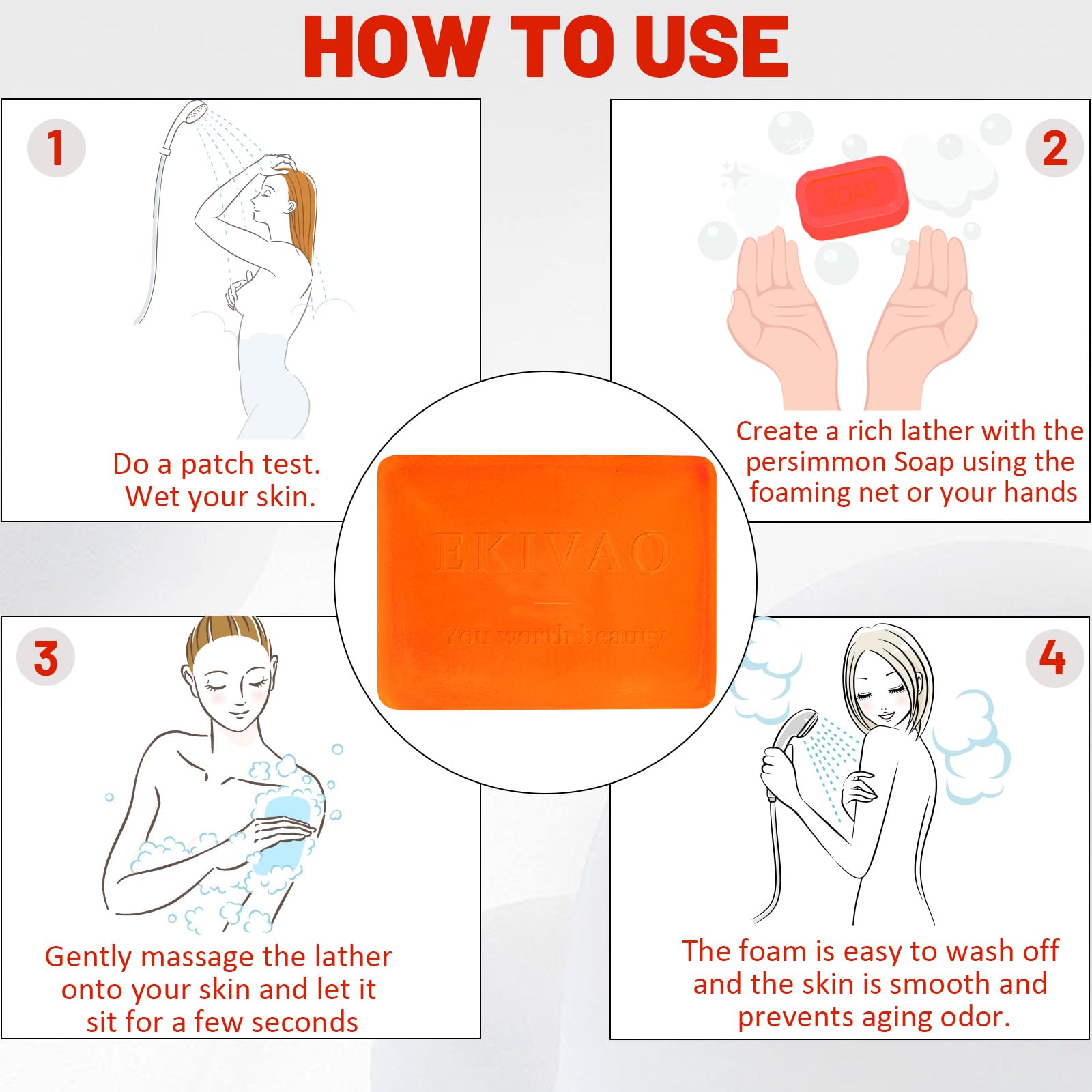 EKIVAO Natural Persimmon Soap Bar - Organic Deodorant for Body Odor Control, 3.5 oz (3-Pack), Orange