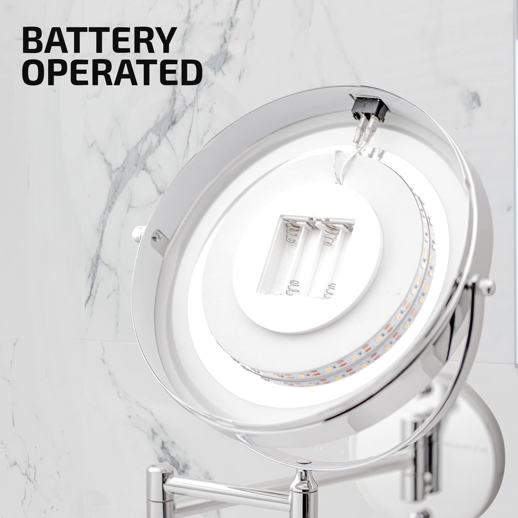 OVENTE 9'' Lighted Wall Mount Makeup Mirror - 1X/ 7X Magnification, Battery Powered Glow Cosmetic Light up, Spinning 360-Degree,
