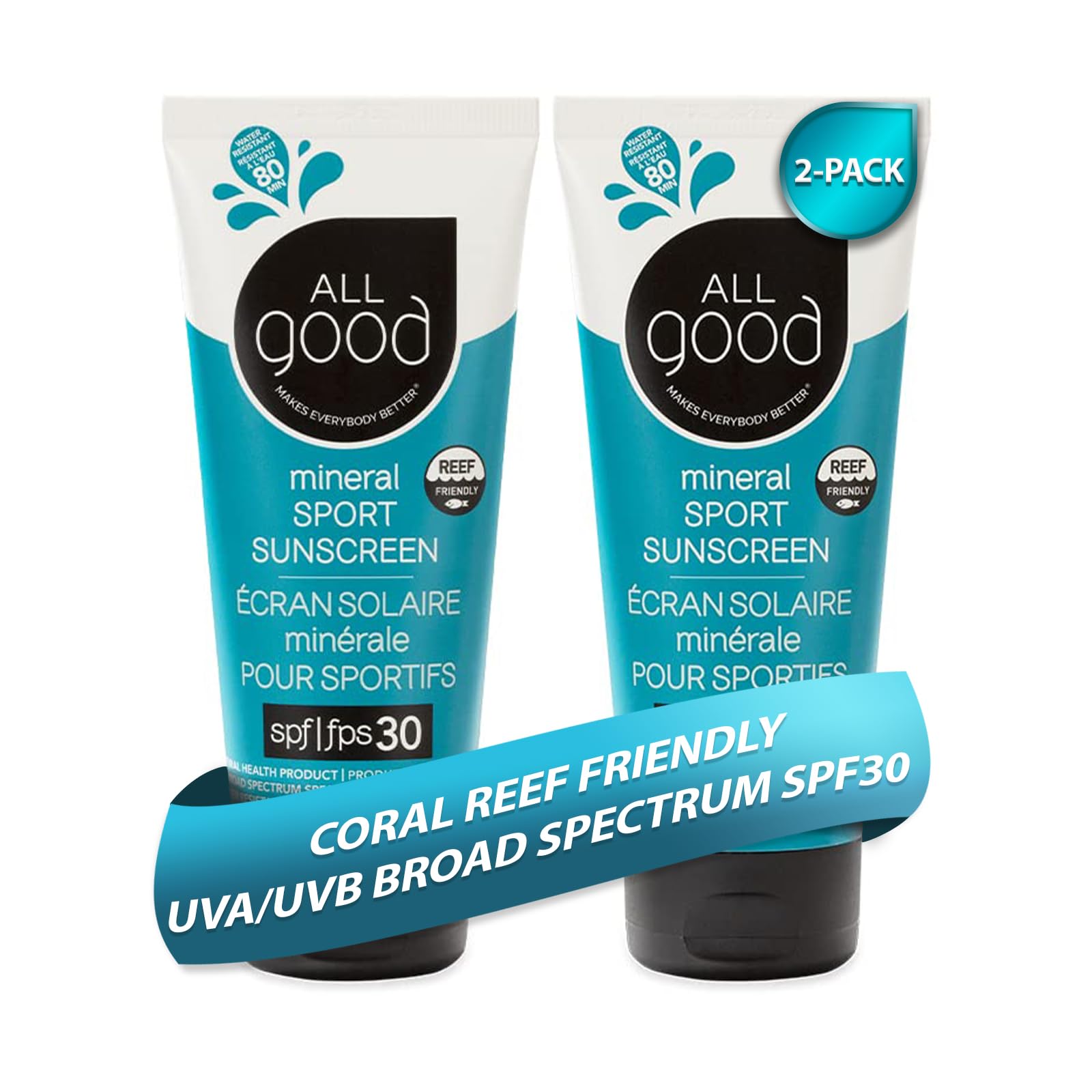 All Good Sunscreen - Sport Mineral Sunscreen Lotion, Reef Friendly, SPF 30+ for Face & Body, Water & Sweat Resistant, 2-pack (3 