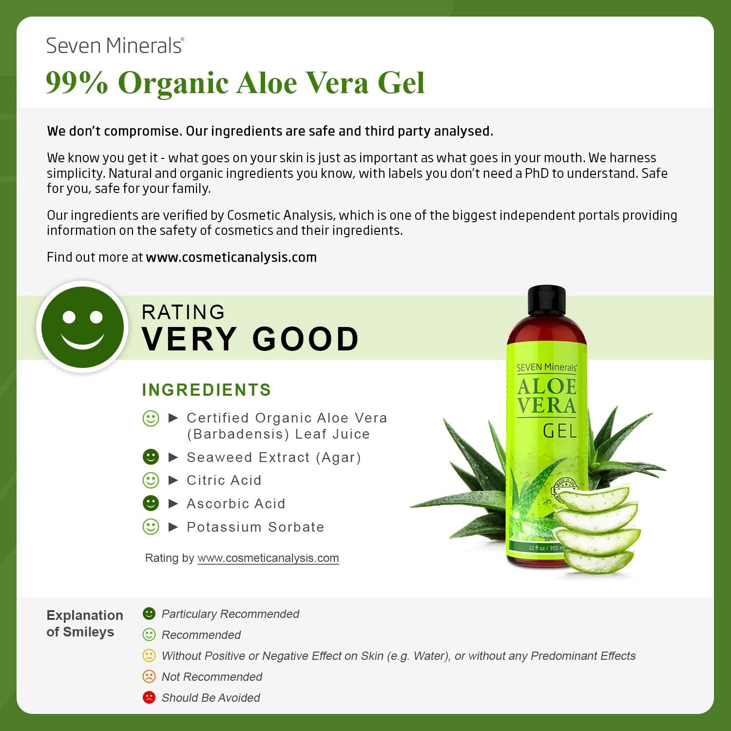 Seven Minerals Aloe Vera Gel - 99% Organic, Big 12 Oz - No Xanthan, So It Absorbs Rapidly With No Sticky Residue - Made From Rea