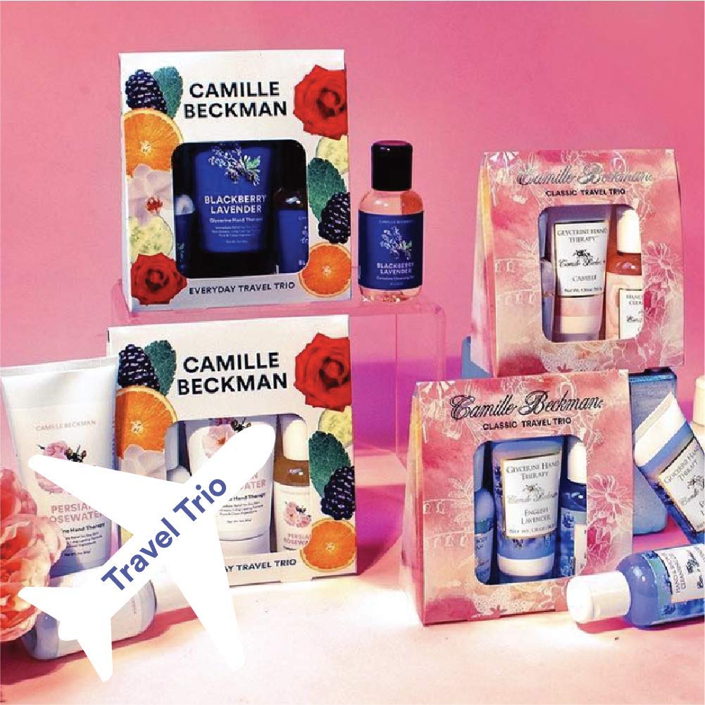 Camille Beckman Classic Collection Travel Trios, English Lavender, Glycerine Hand Therapy 1.35 Oz, Silky Body Cream 2 Oz, Hand &