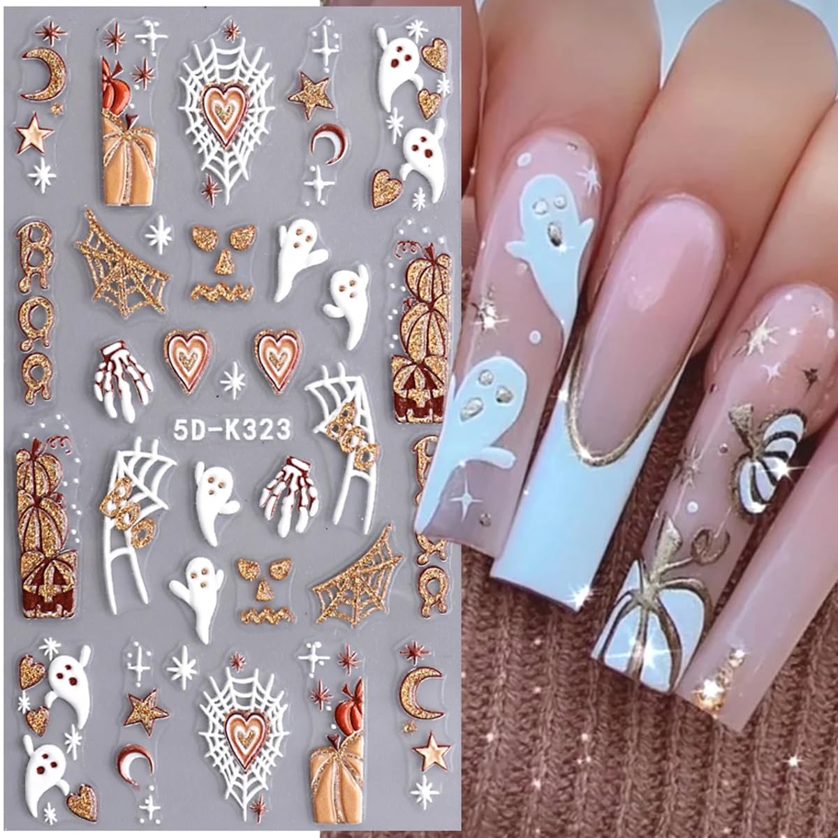Halloween Nail Art Stickers Halloween 5D Embossed Nail Decals 2Pcs Ghost Pumpkin Heart Spider Web Boo Halloween Nails Design Gli