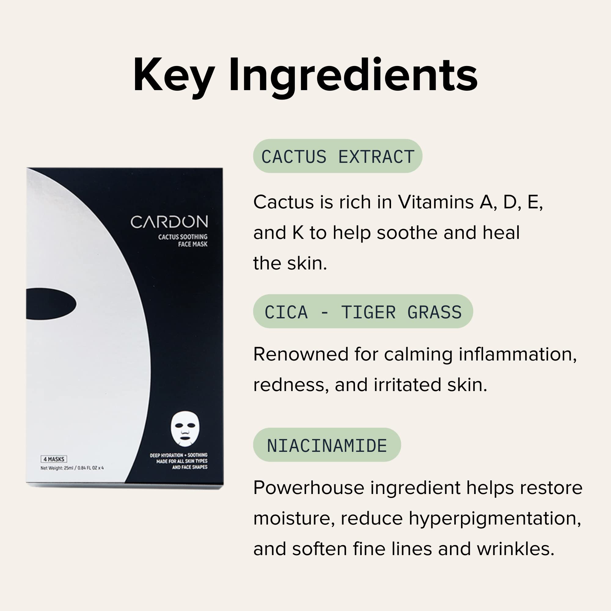 Cardon Cactus Soothing Sheet Mask | Korean Sheet Masks For Sensitive Skin Post-Shave | Korean Skin Care Mask | Vitamin E, Cactus