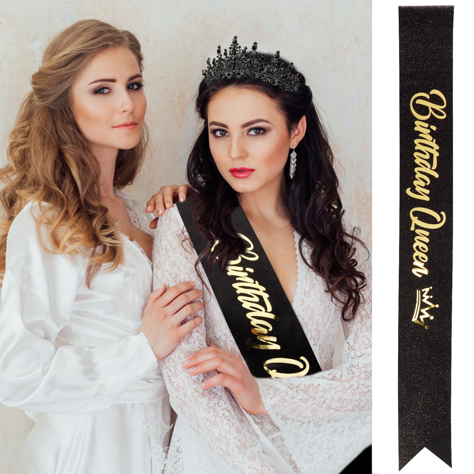 Velscrun Birthday Queen Tiara Crowns For Women Girls Black Crystal Birthday Queen Headband Sash Elegant Princess Crown Happy Bir