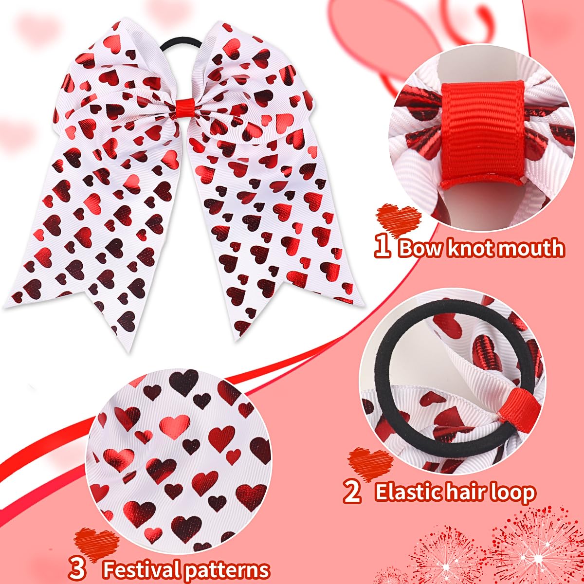 Valentine's Day Cheer Hair Bows Ties Ponytail Holder Grosgrain Ribbon Red Heart Bow Elastic Hair Ties Bands Glitter Love Heart E