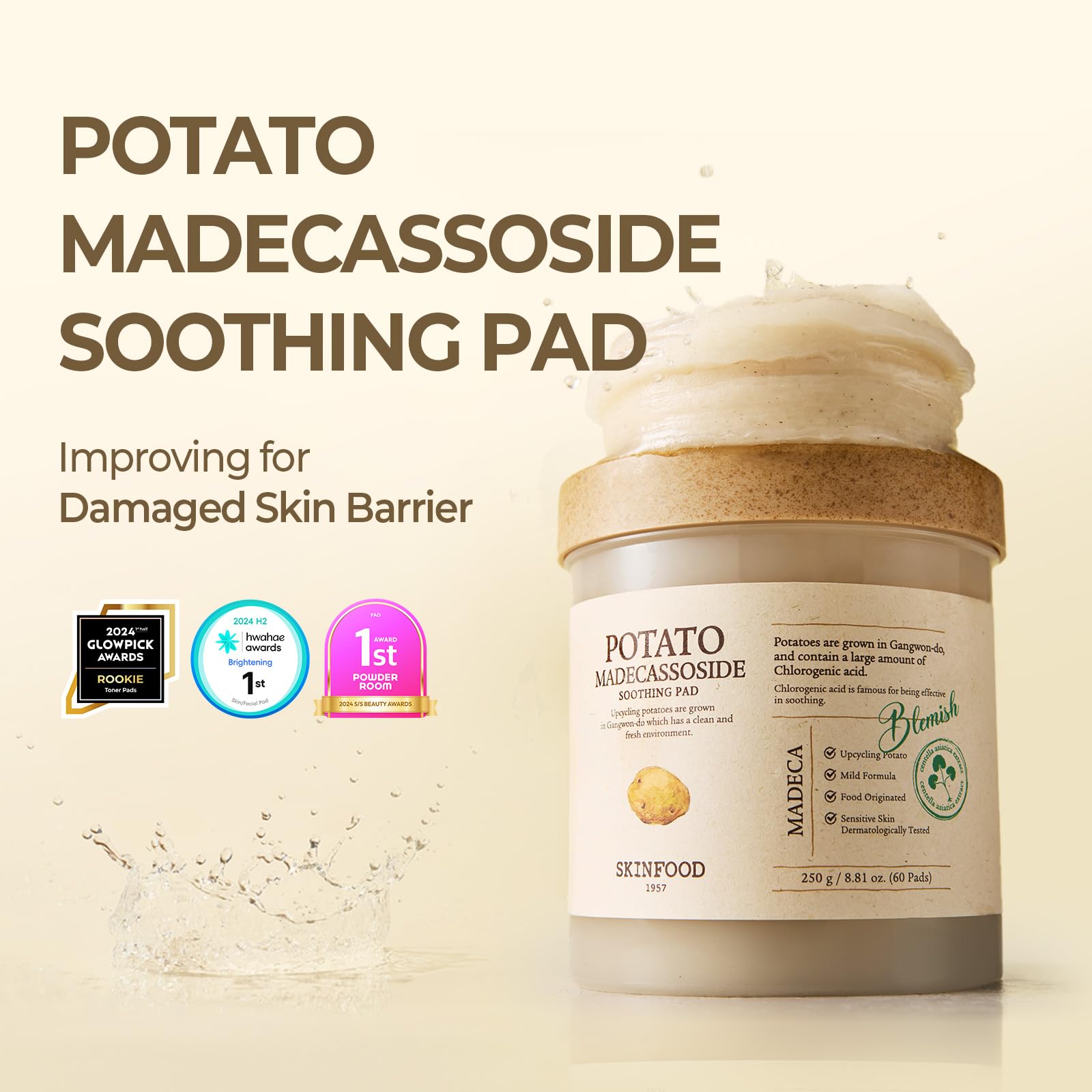 SKINFOOD Potato Madecassoside Soothing Toner Pad, Korean Skincare Facial Toner, Blemish Pads, Damaged Skin Barrier Improvement,